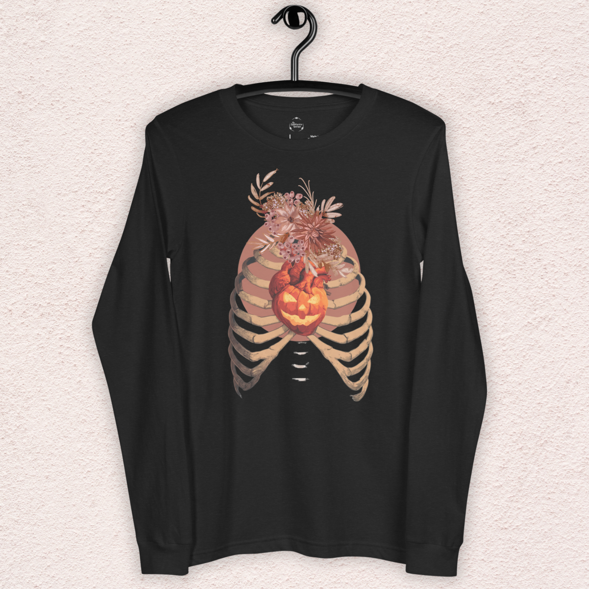 A Fall’s Heart Tee | Skeleton Pumpkin Halloween Shirt | Bella+Canvas Spooky Autumn Graphic Long Sleeve Tee