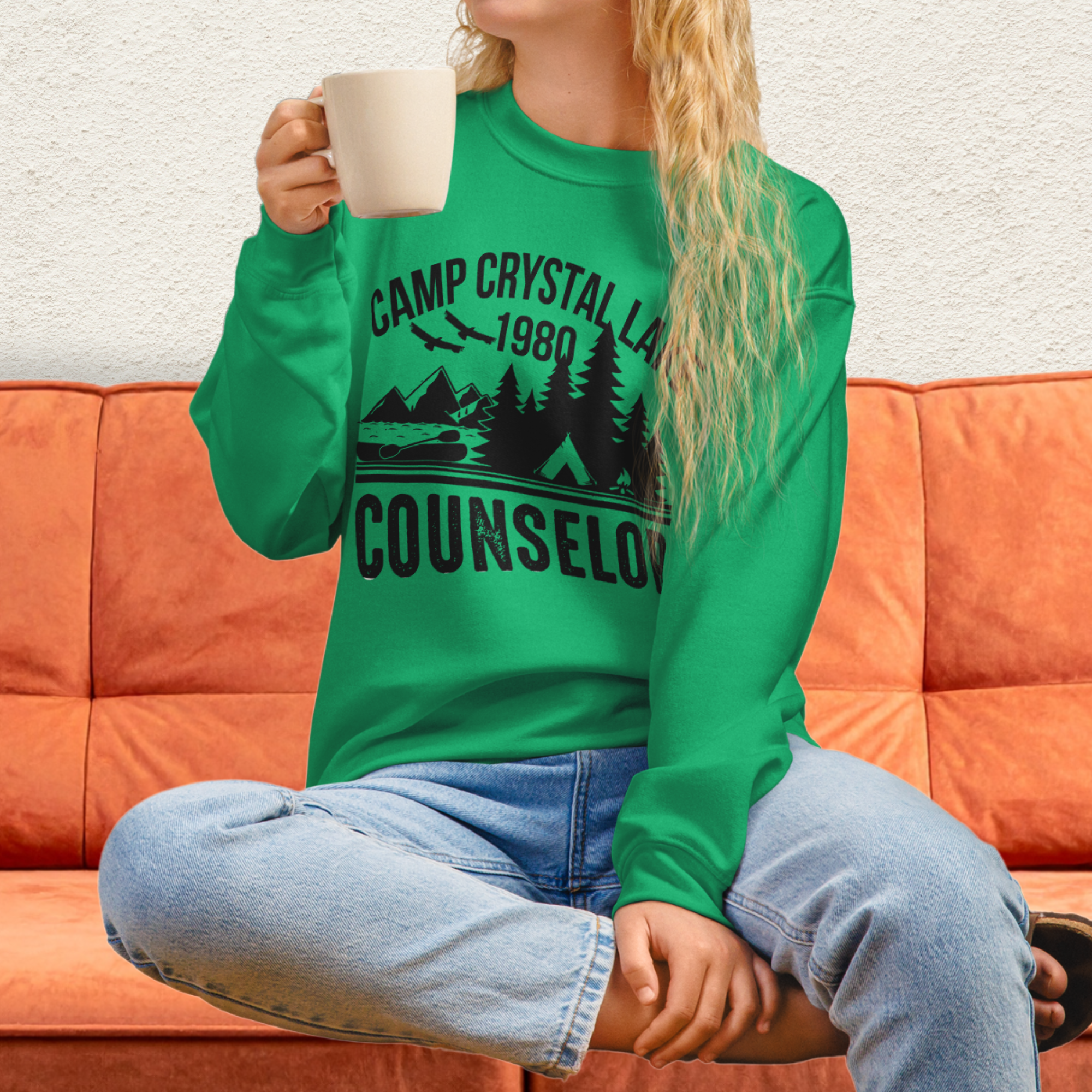 Camp Slasher Counselor Sweatshirt | Gildan Unisex Horror Crewneck (Black Ink)