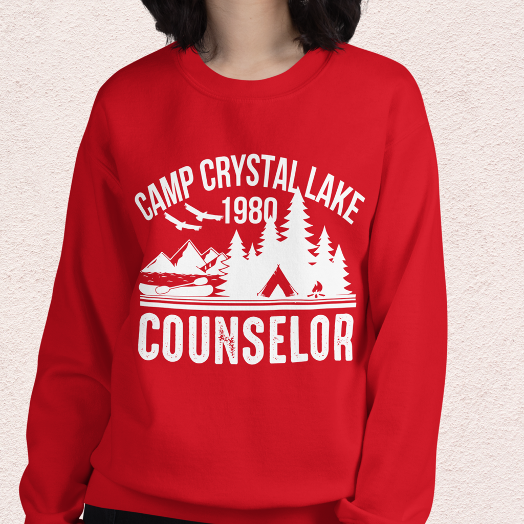 Camp Slasher Counselor Sweatshirt | Gildan Unisex Horror Crewneck (White Ink)