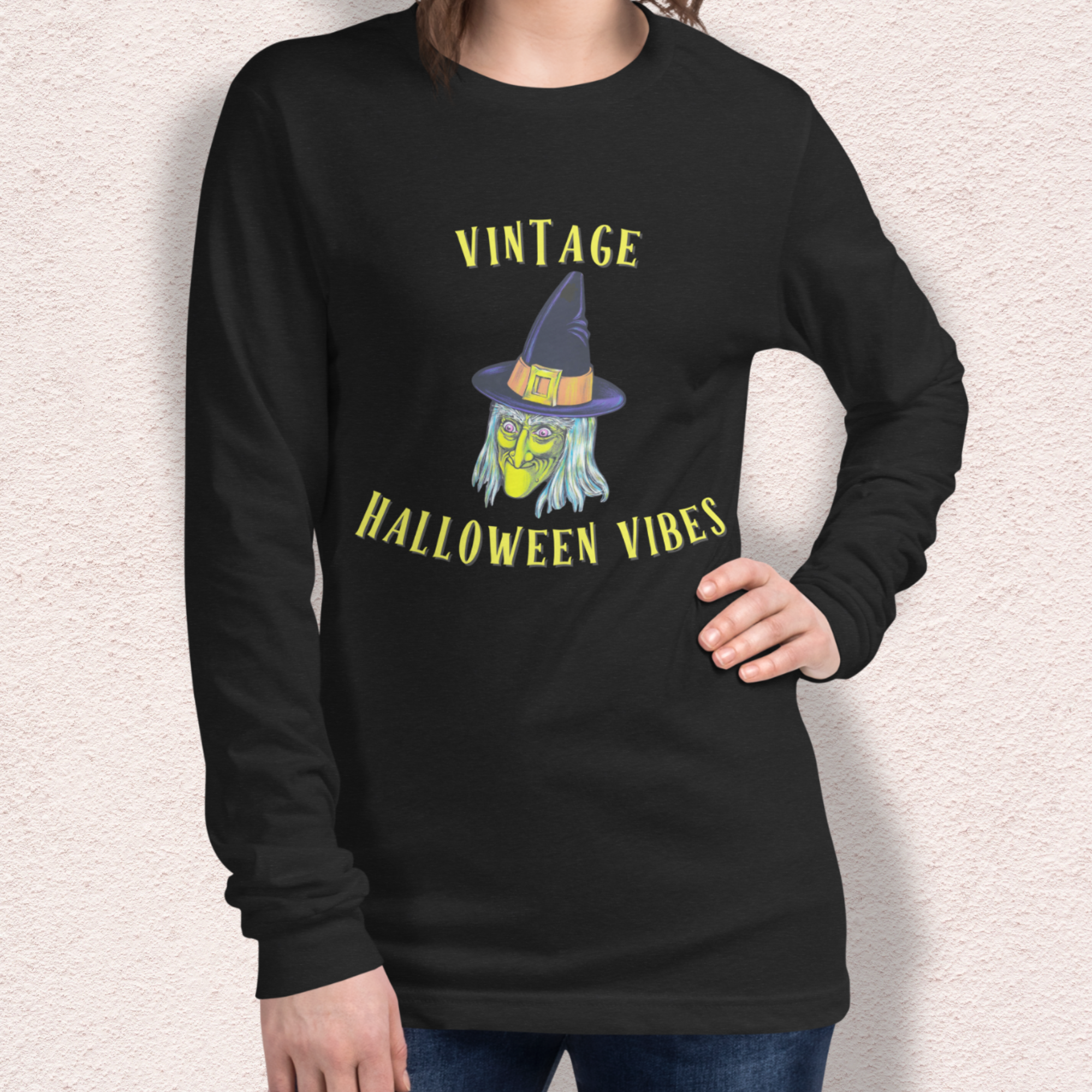 Vintage Halloween Vibes Long Sleeve Tee | Bella+Canvas Unisex Retro Witch Shirt | Color Graphic