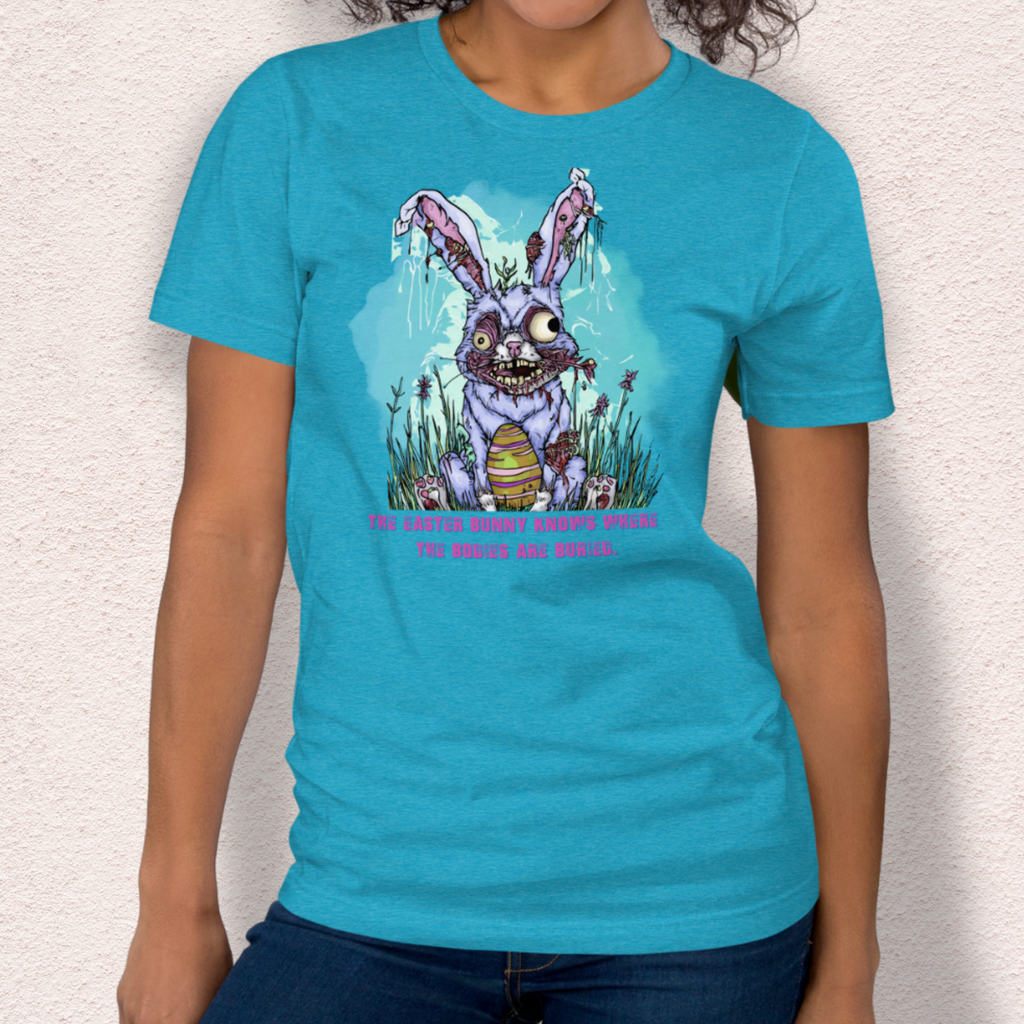 The Easter Bunny Knows Where the Bodies Are Buried T-Shirt | Zombie Easter Bunny Horror Tee | Funny Dark Humor Easter Shirt | Bella+Canvas Unisex