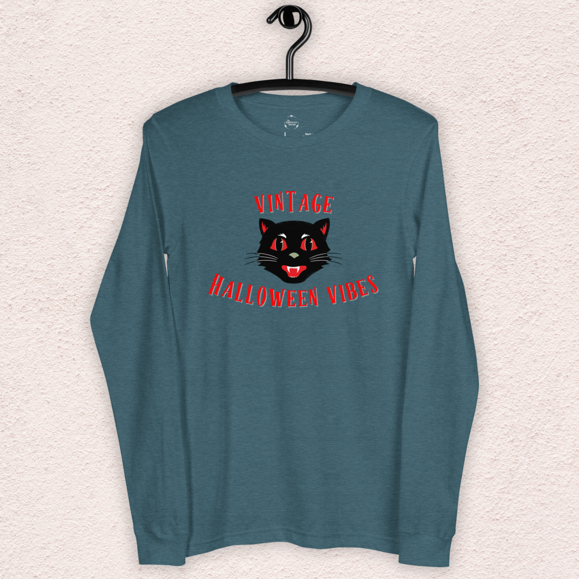 Vintage Halloween Vibes Long Sleeve Tee | Bella+Canvas Unisex Retro Halloween Cat Shirt | Colorful. Graphic