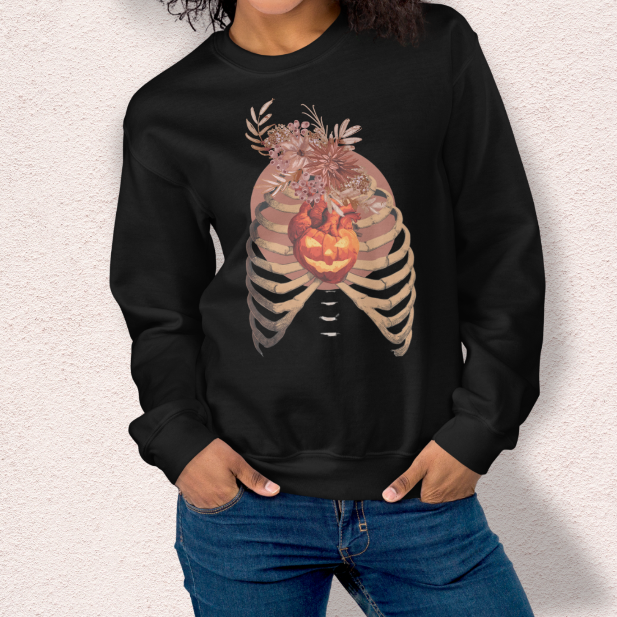 A Fall’s Heart Sweatshirt | Skeleton Pumpkin Autumn Graphic | Gildan Spooky Fall Crewneck