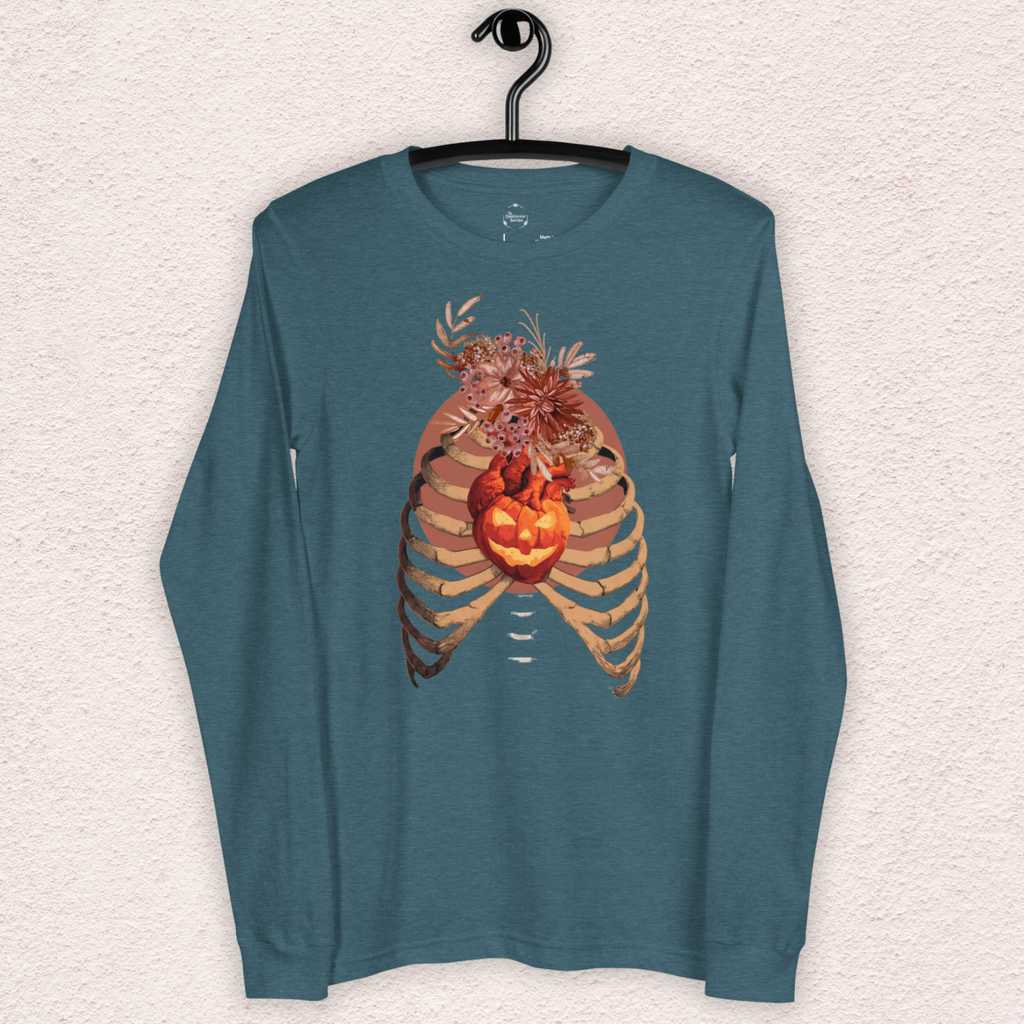 A Fall’s Heart Tee | Skeleton Pumpkin Halloween Shirt | Bella+Canvas Spooky Autumn Graphic Long Sleeve Tee