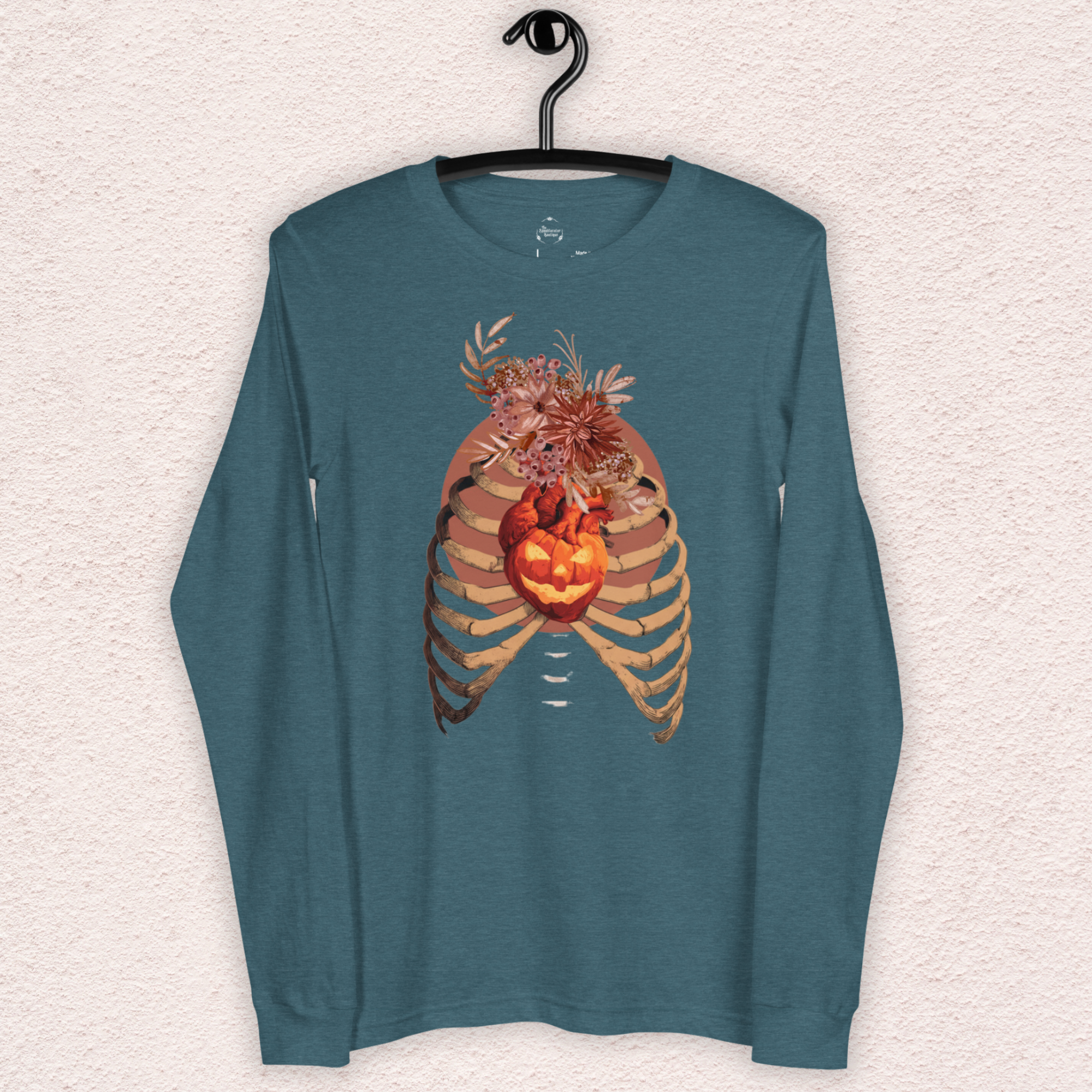 A Fall’s Heart Tee | Skeleton Pumpkin Halloween Shirt | Bella+Canvas Spooky Autumn Graphic Long Sleeve Tee
