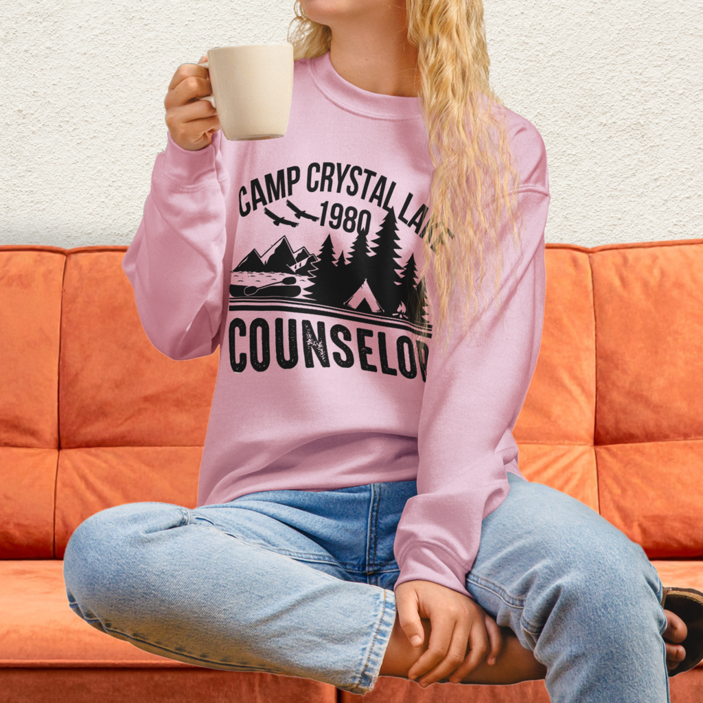 Camp Slasher Counselor Sweatshirt | Gildan Unisex Horror Crewneck (Black Ink)