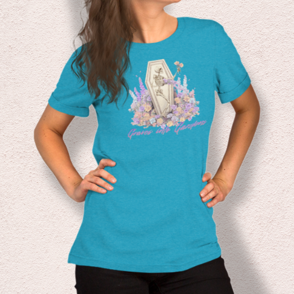 Graves Into Gardens Skeleton Easter Tee | Gothic Faith Spring Shirt | Pastel Floral Resurrection Graphic | Spooky Christian Bella Canvas T-Shirt