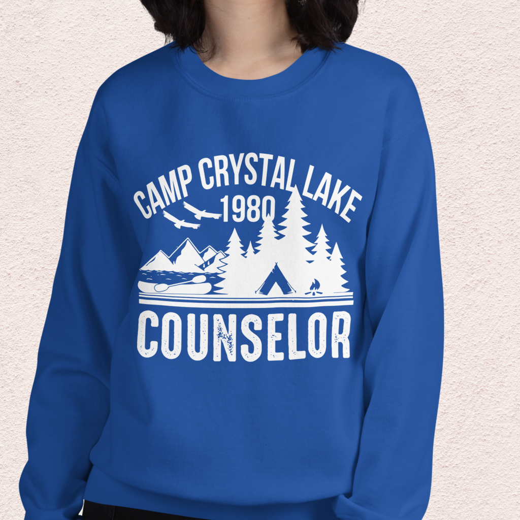 Camp Slasher Counselor Sweatshirt | Gildan Unisex Horror Crewneck (White Ink)