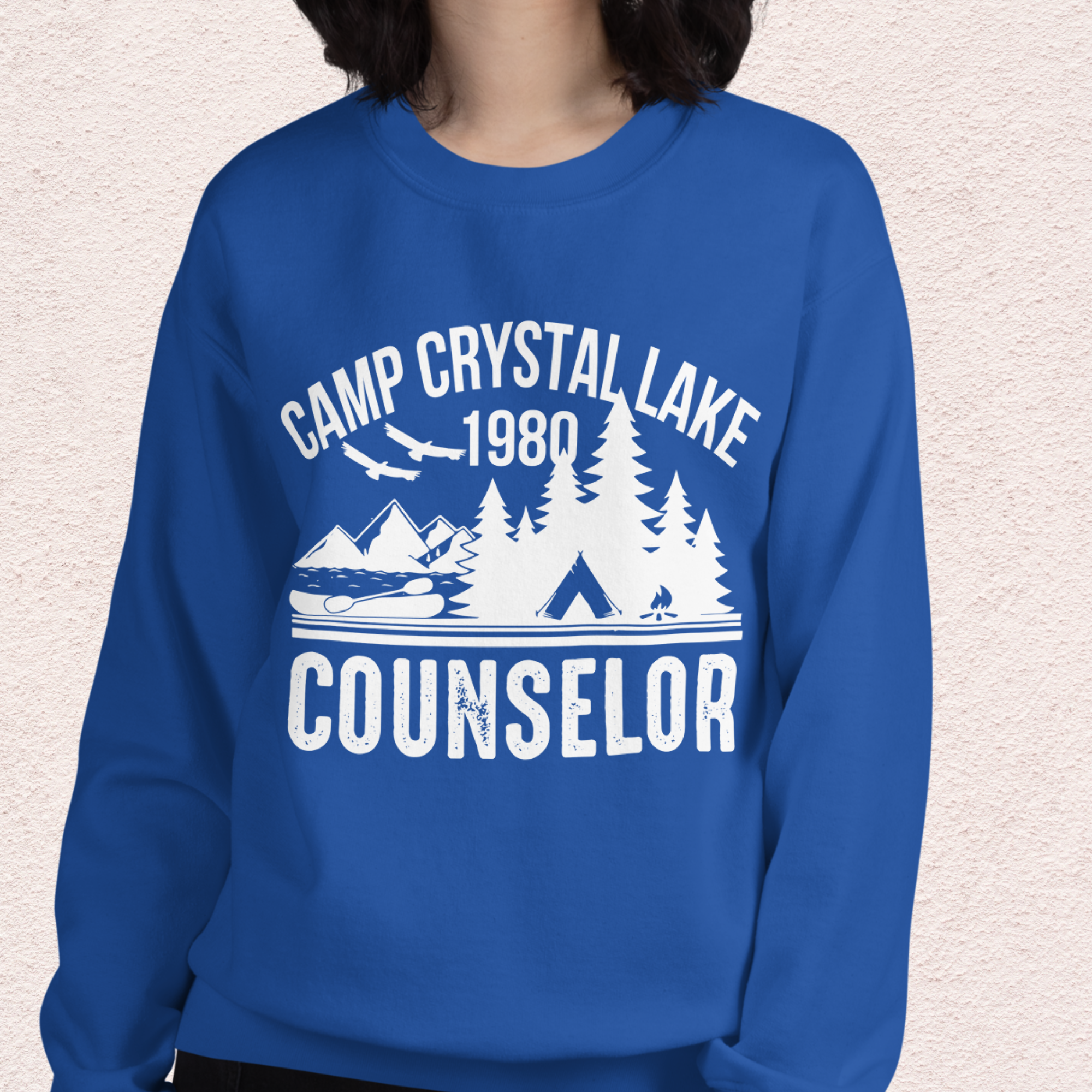 Camp Slasher Counselor Sweatshirt | Gildan Unisex Horror Crewneck (White Ink)