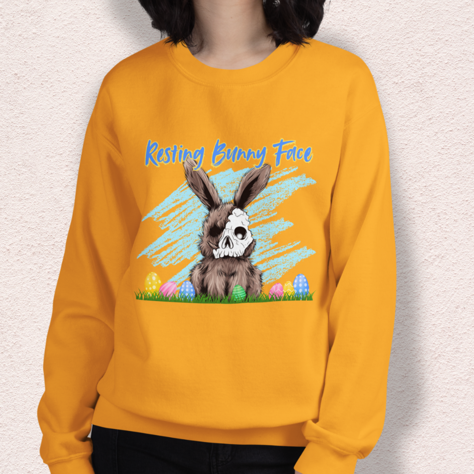 Resting Bunny Face Sweatshirt | Creepy Easter Bunny Skull Crewneck | Funny Spooky Easter Sweatshirt | Dark Humor Bunny Graphic