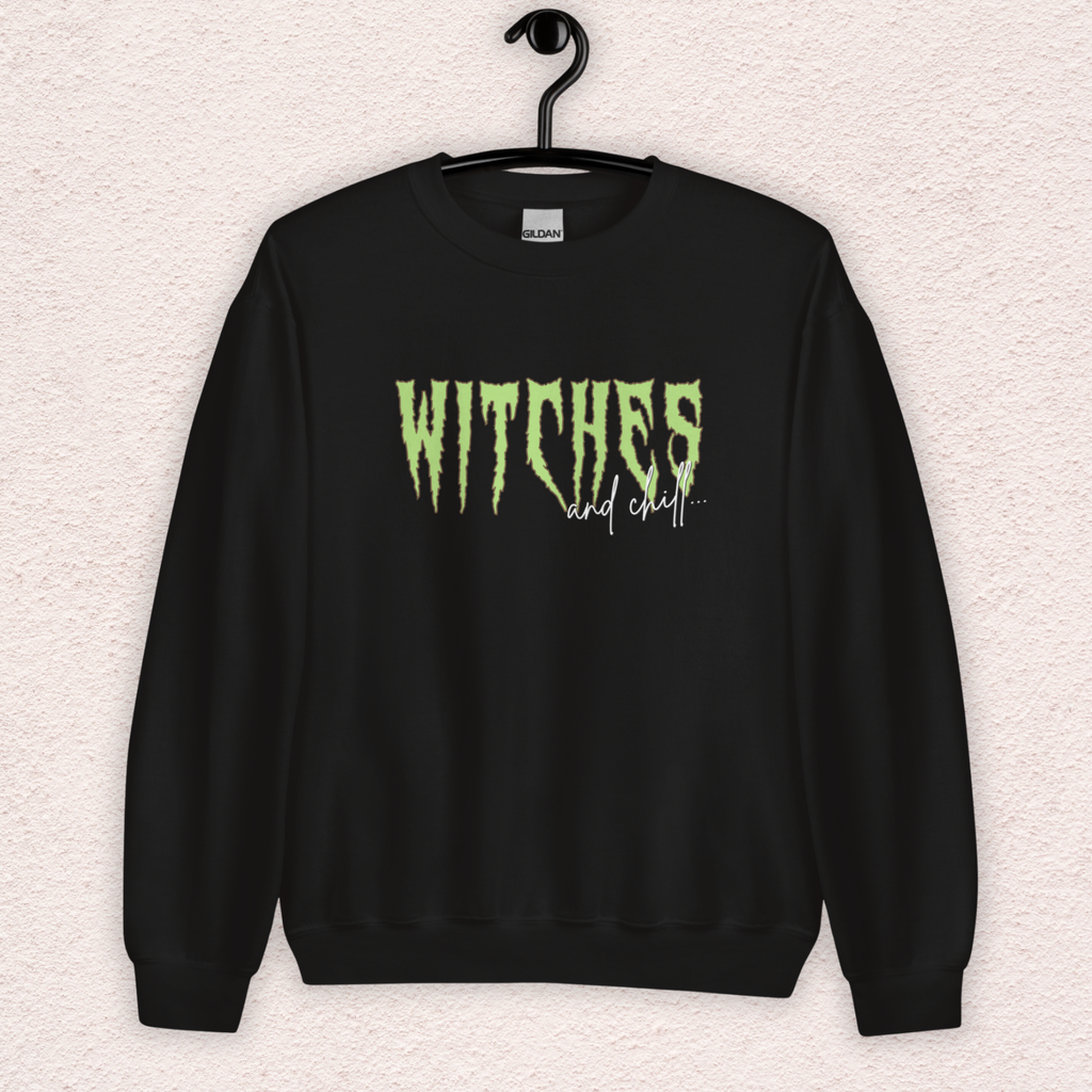 Witches & Chill Sweatshirt | Spooky Witch Aesthetic Crewneck | Gildan Heavy Blend Halloween Sweatshirt