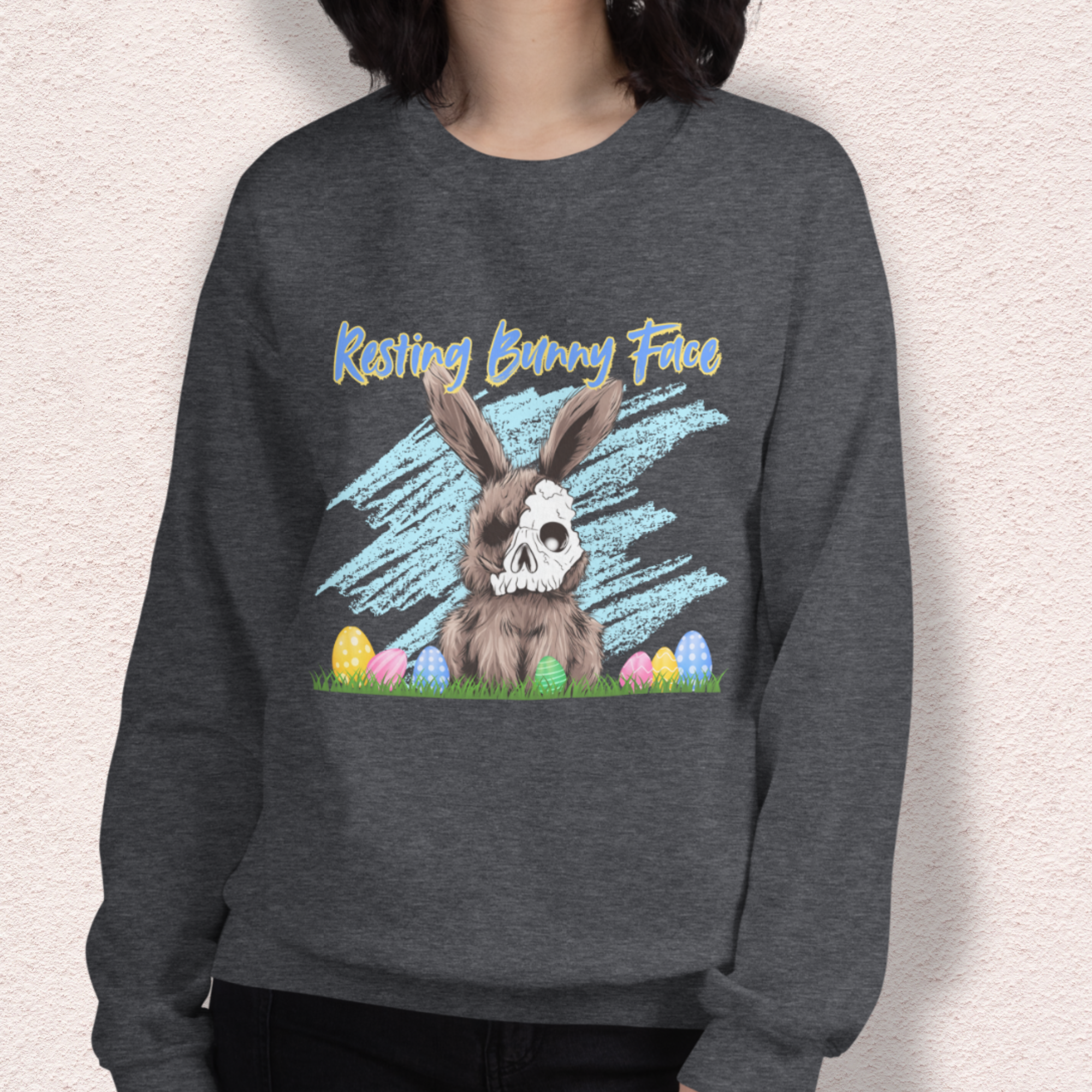 Resting Bunny Face Sweatshirt | Creepy Easter Bunny Skull Crewneck | Funny Spooky Easter Sweatshirt | Dark Humor Bunny Graphic