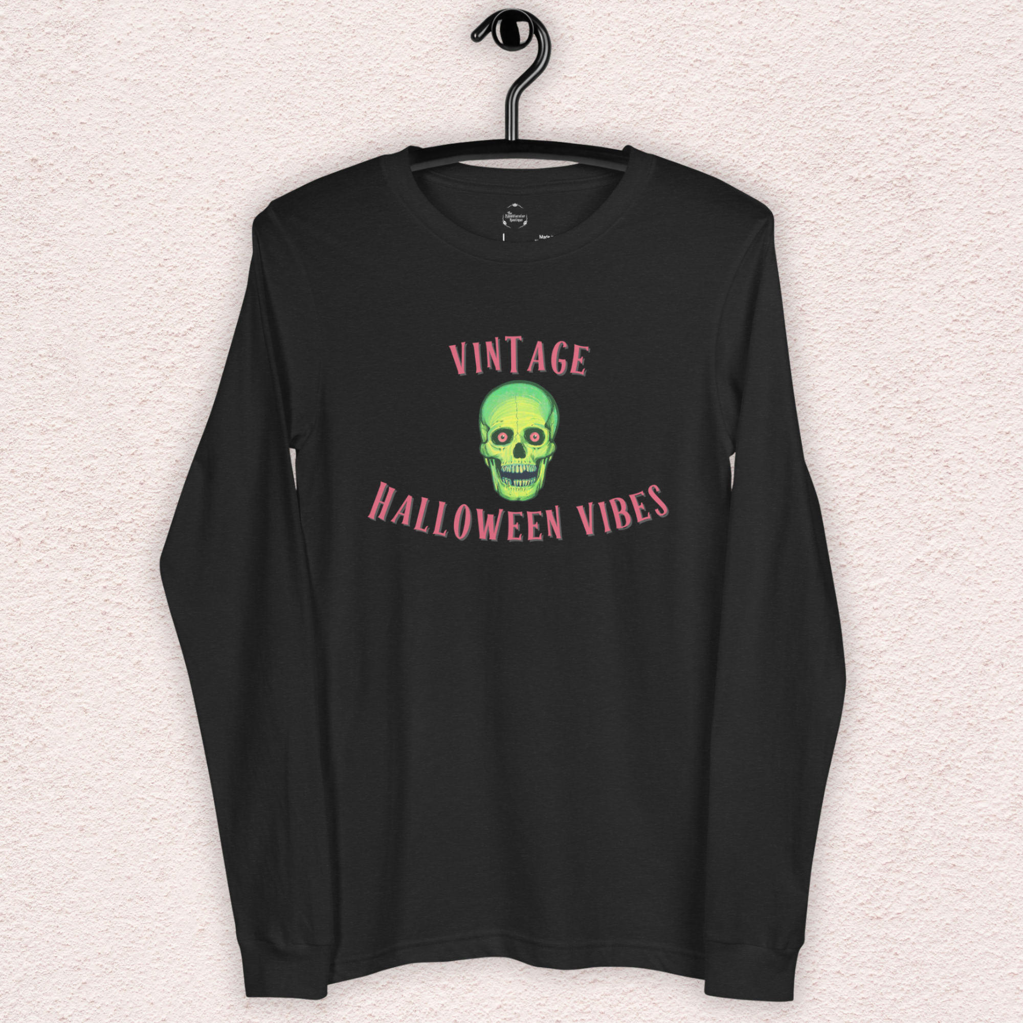 Vintage Halloween Vibes Long Sleeve Tee | Bella+Canvas Unisex Retro Green Skull Shirt | Colorful Graphic