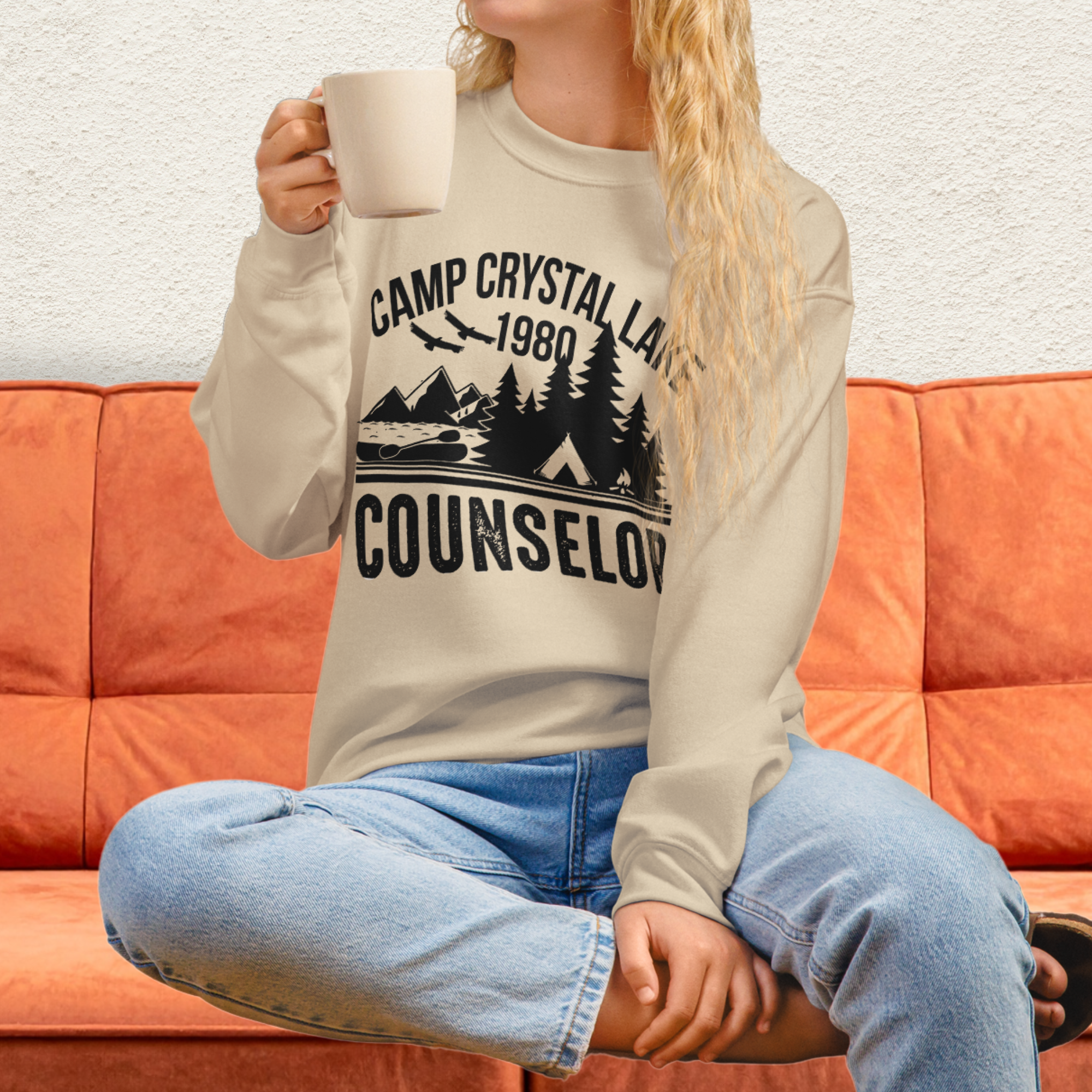 Camp Slasher Counselor Sweatshirt | Gildan Unisex Horror Crewneck (Black Ink)