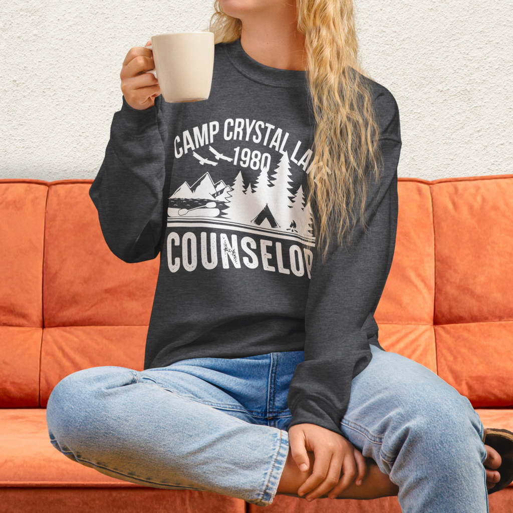 Camp Slasher Counselor Sweatshirt | Gildan Unisex Horror Crewneck (White Ink)