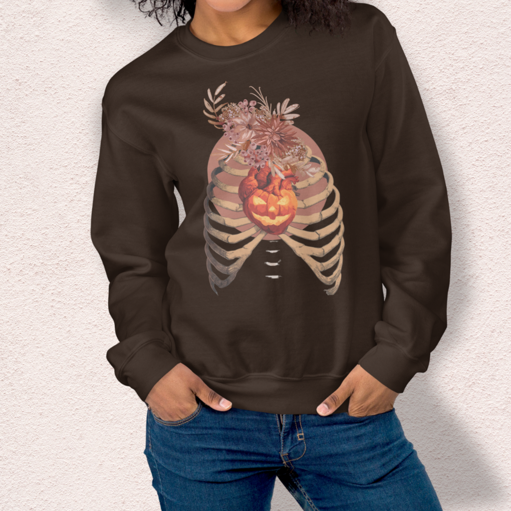 A Fall’s Heart Sweatshirt | Skeleton Pumpkin Autumn Graphic | Gildan Spooky Fall Crewneck