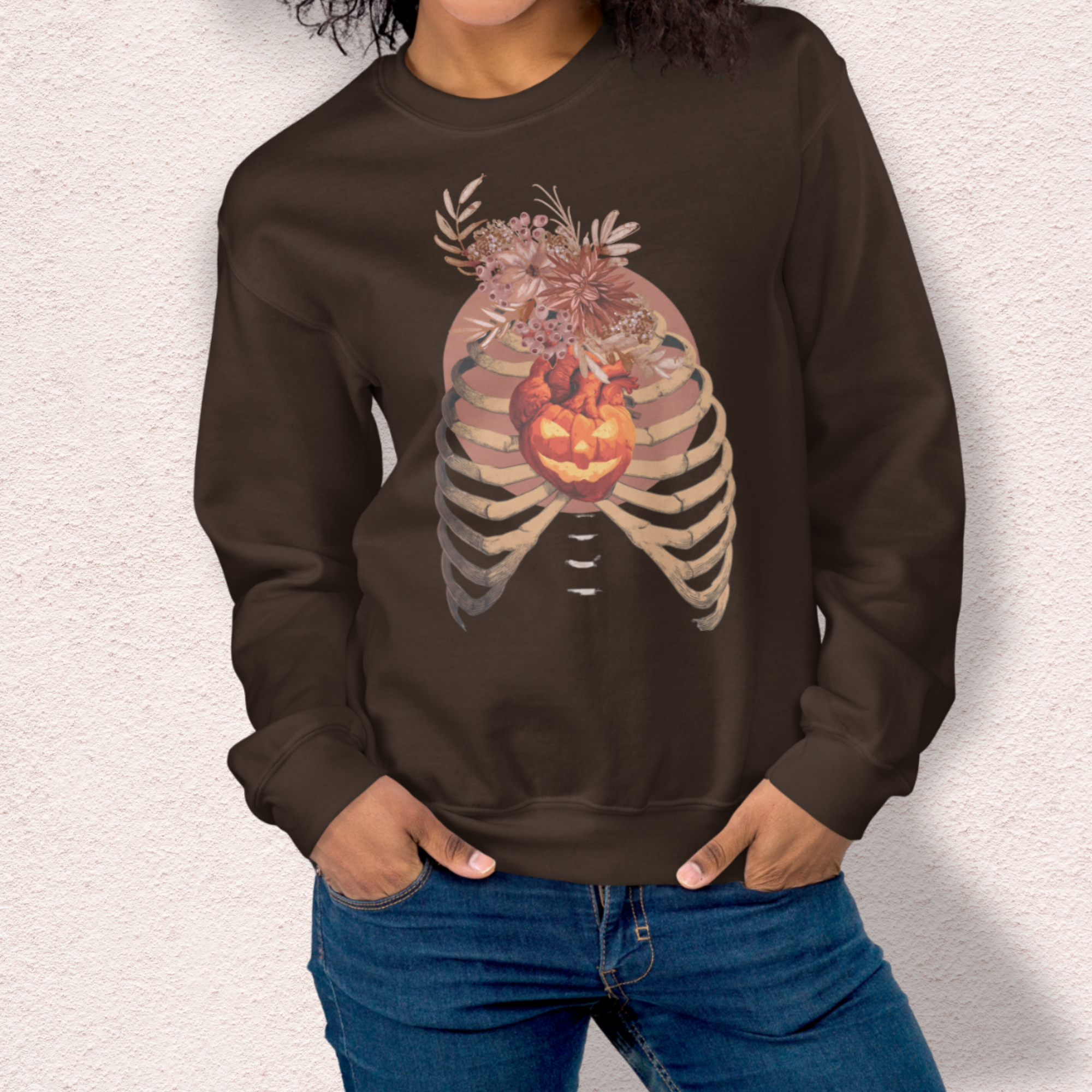 A Fall’s Heart Sweatshirt | Skeleton Pumpkin Autumn Graphic | Gildan Spooky Fall Crewneck