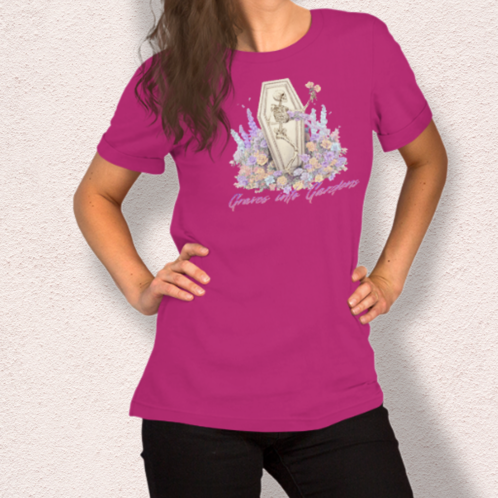 Graves Into Gardens Skeleton Easter Tee | Gothic Faith Spring Shirt | Pastel Floral Resurrection Graphic | Spooky Christian Bella Canvas T-Shirt