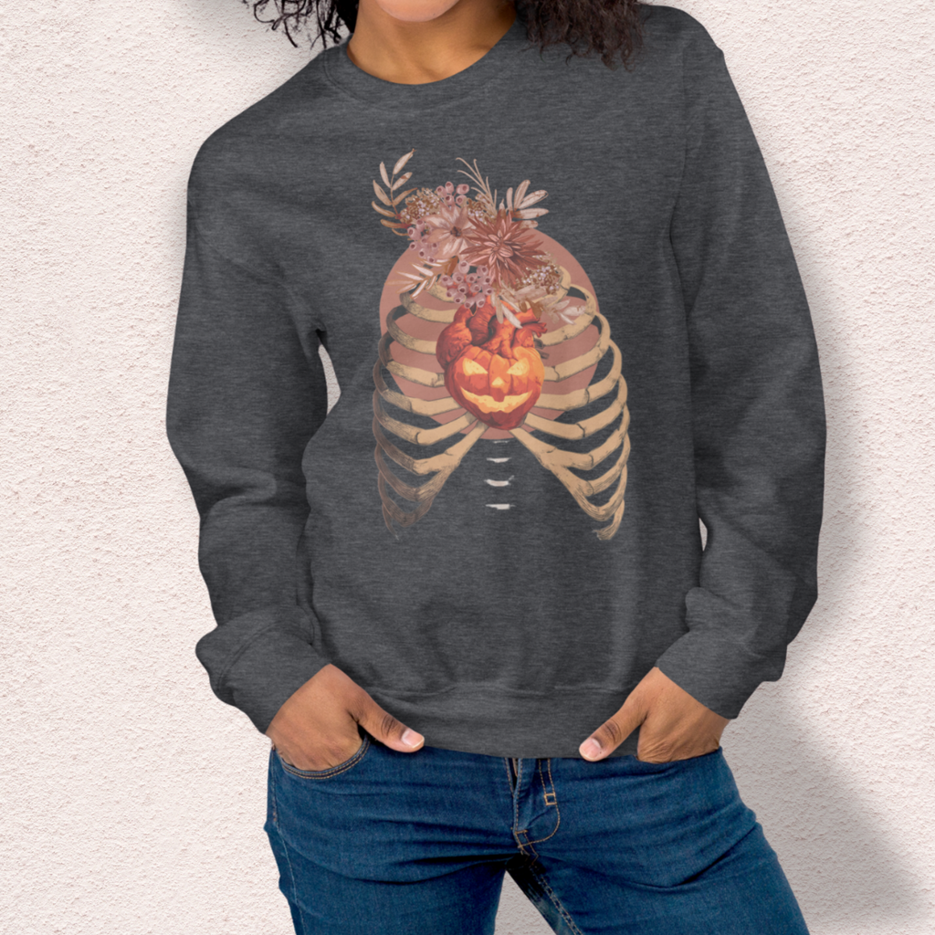 A Fall’s Heart Sweatshirt | Skeleton Pumpkin Autumn Graphic | Gildan Spooky Fall Crewneck