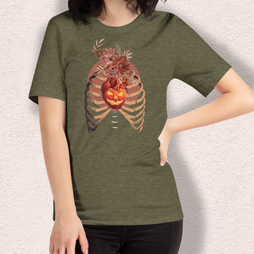 A Fall’s Heart Tee | Skeleton Pumpkin Halloween Shirt | Bella+Canvas Spooky Autumn Graphic Tee