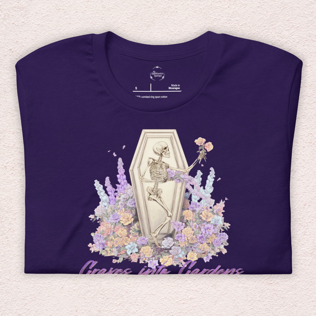 Graves Into Gardens Skeleton Easter Tee | Gothic Faith Spring Shirt | Pastel Floral Resurrection Graphic | Spooky Christian Bella Canvas T-Shirt