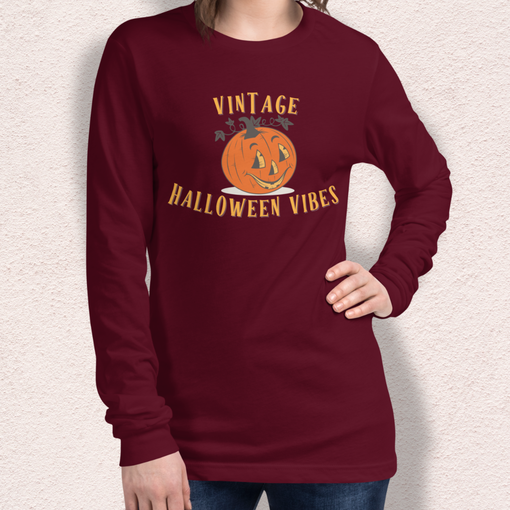 Vintage Halloween Vibes Long Sleeve Tee | Bella+Canvas Unisex Retro Jack-O-Lantern Shirt | Colorful Graphic