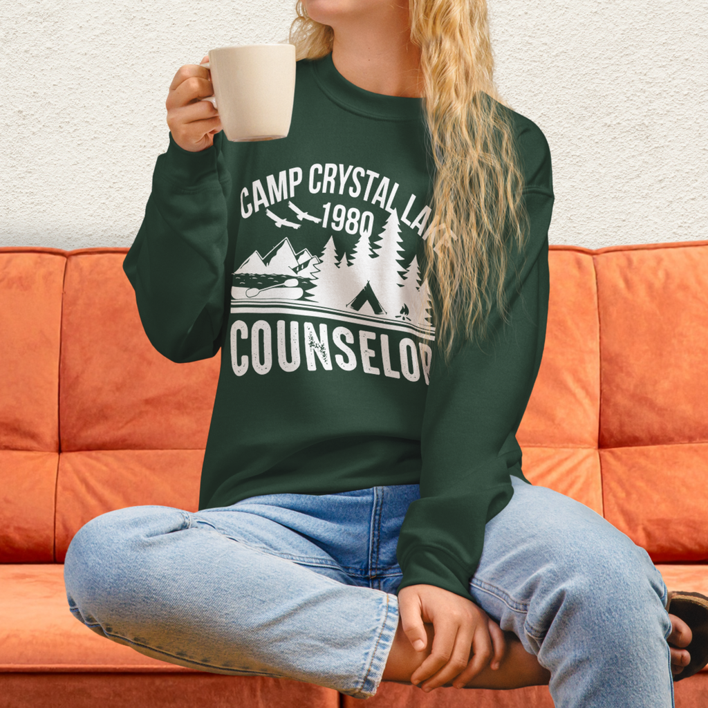 Camp Slasher Counselor Sweatshirt | Gildan Unisex Horror Crewneck (White Ink)