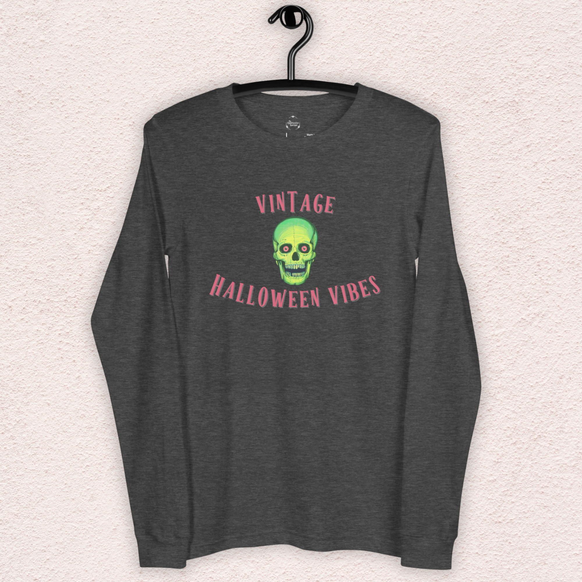 Vintage Halloween Vibes Long Sleeve Tee | Bella+Canvas Unisex Retro Green Skull Shirt | Colorful Graphic