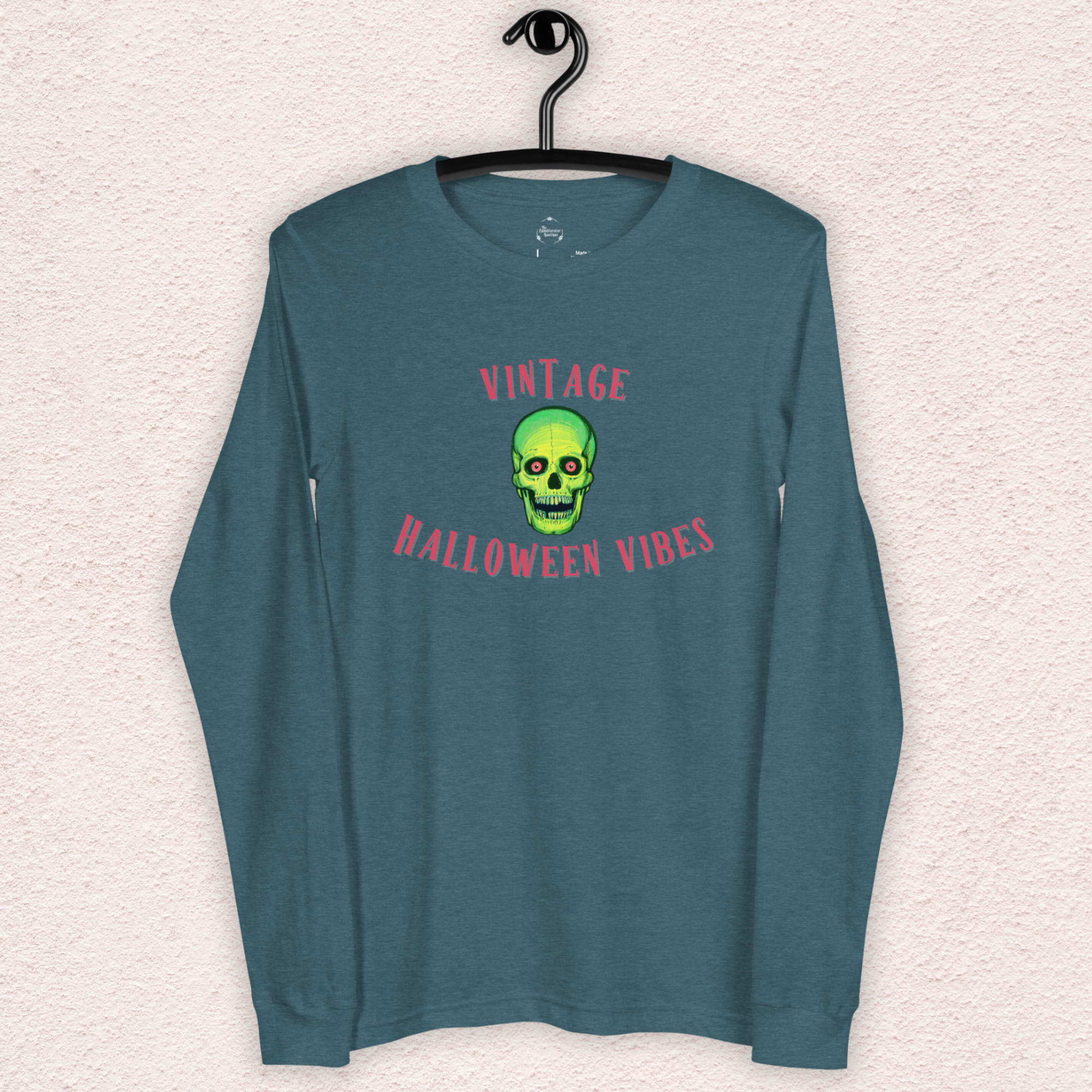 Vintage Halloween Vibes Long Sleeve Tee | Bella+Canvas Unisex Retro Green Skull Shirt | Colorful Graphic