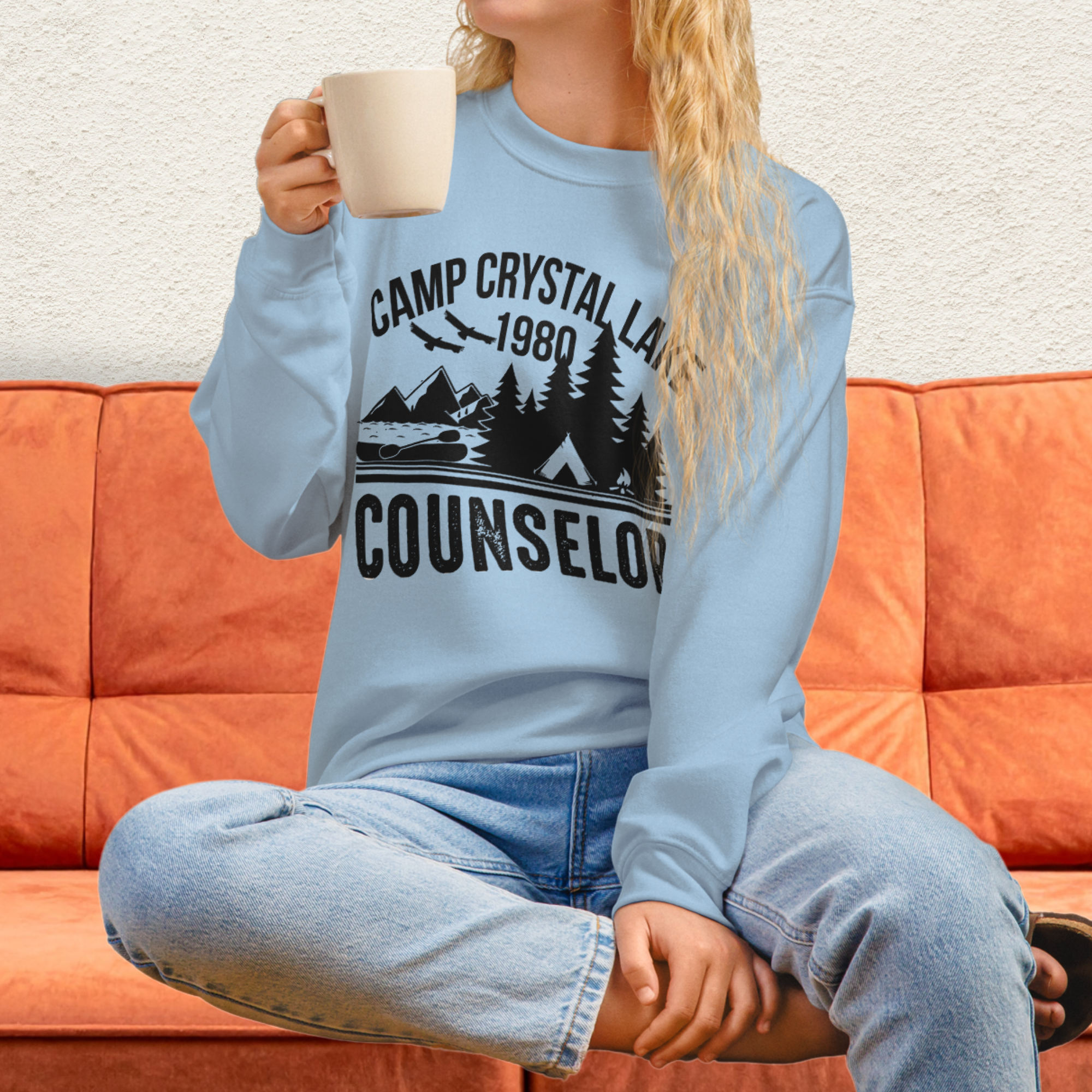 Camp Slasher Counselor Sweatshirt | Gildan Unisex Horror Crewneck (Black Ink)