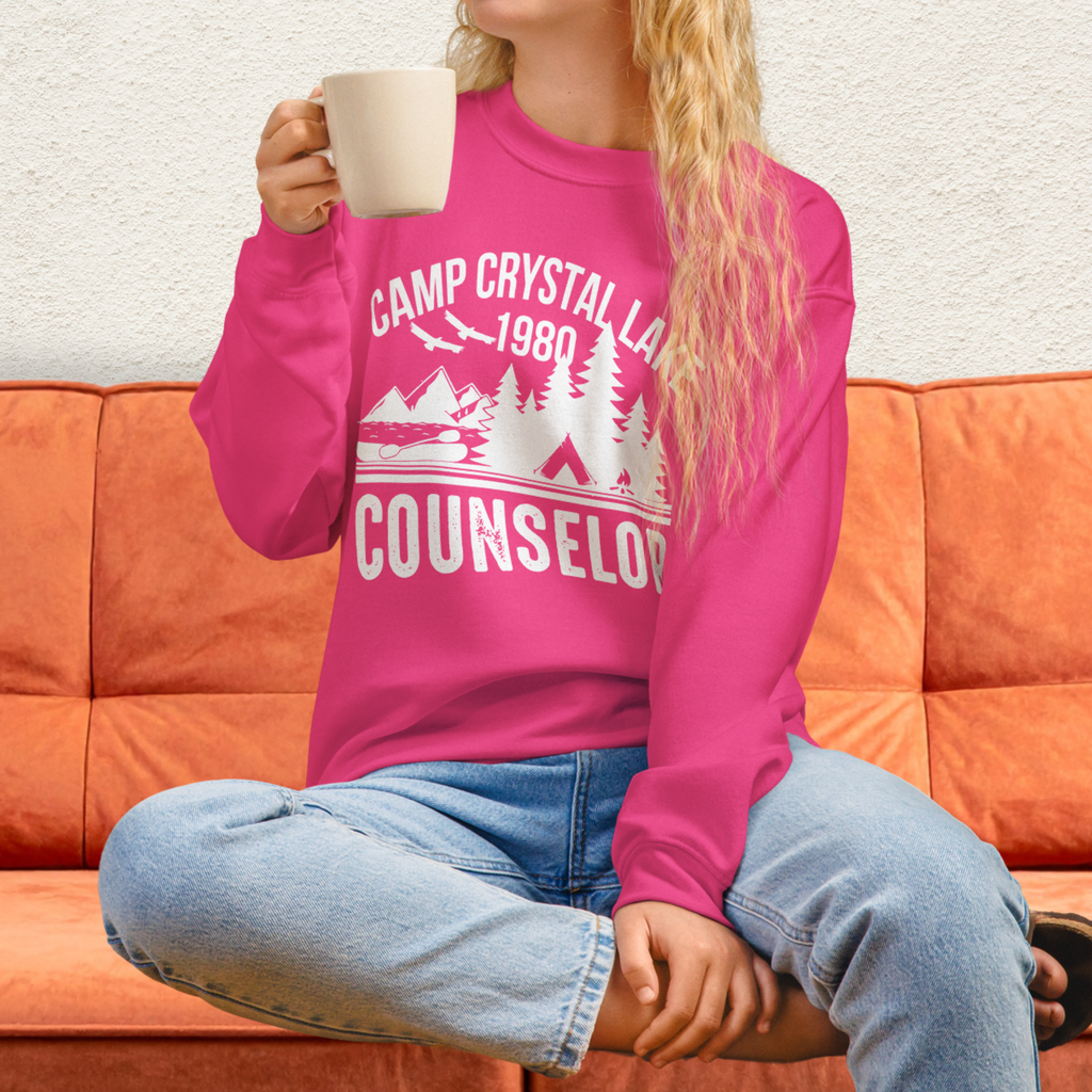 Camp Slasher Counselor Sweatshirt | Gildan Unisex Horror Crewneck (White Ink)