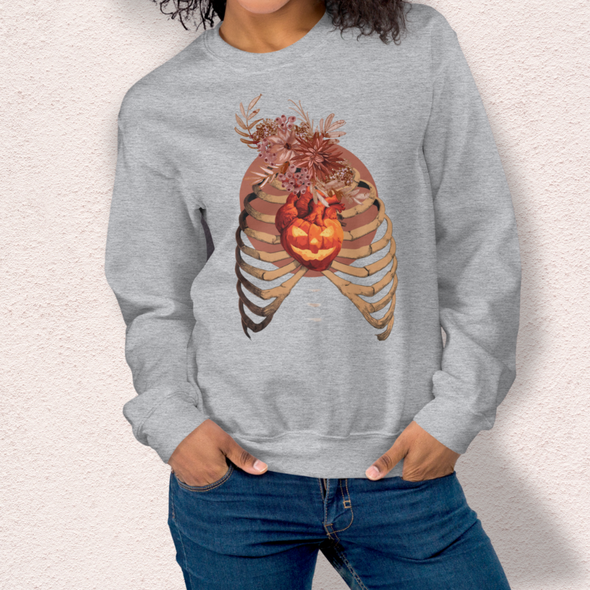 A Fall’s Heart Sweatshirt | Skeleton Pumpkin Autumn Graphic | Gildan Spooky Fall Crewneck