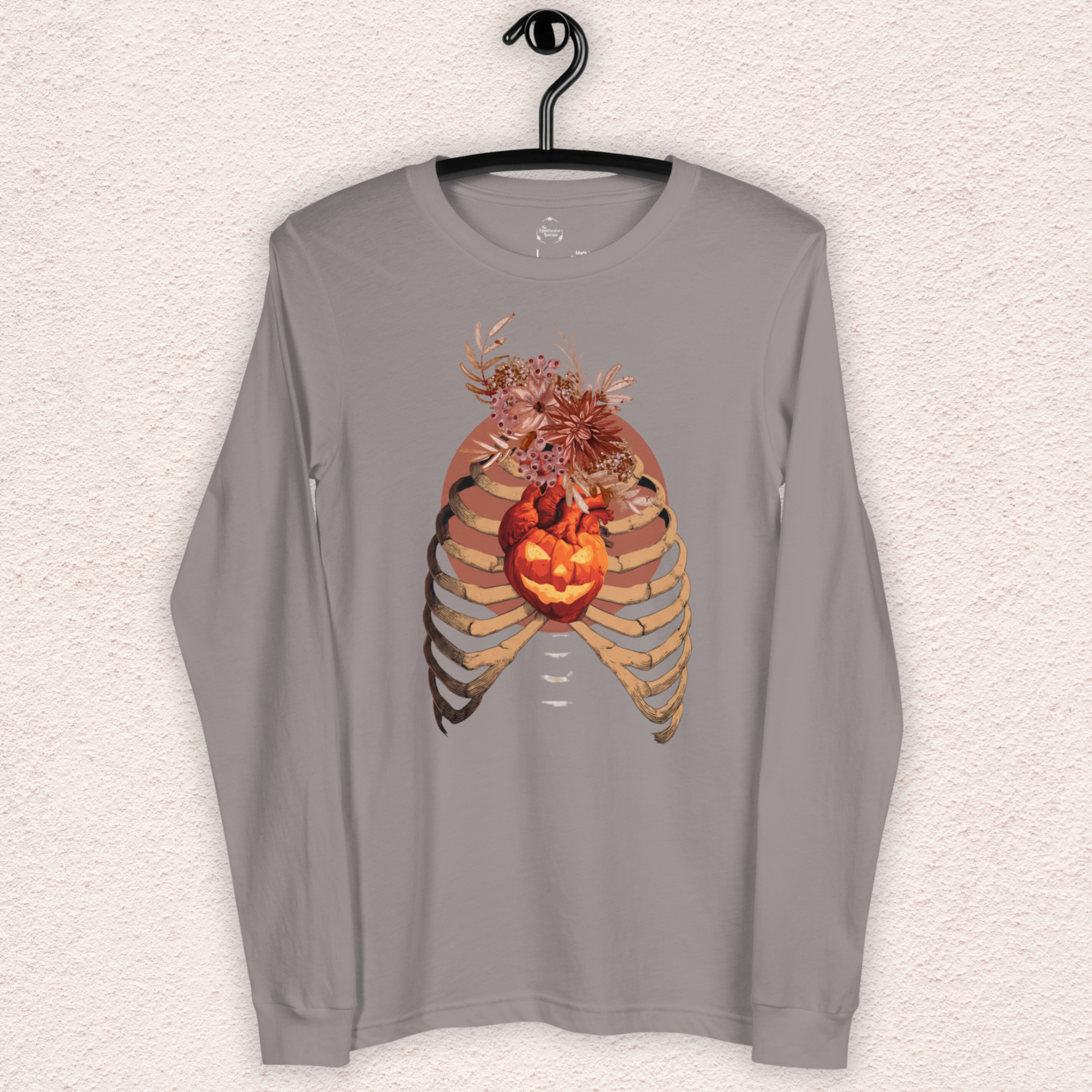 A Fall’s Heart Tee | Skeleton Pumpkin Halloween Shirt | Bella+Canvas Spooky Autumn Graphic Long Sleeve Tee