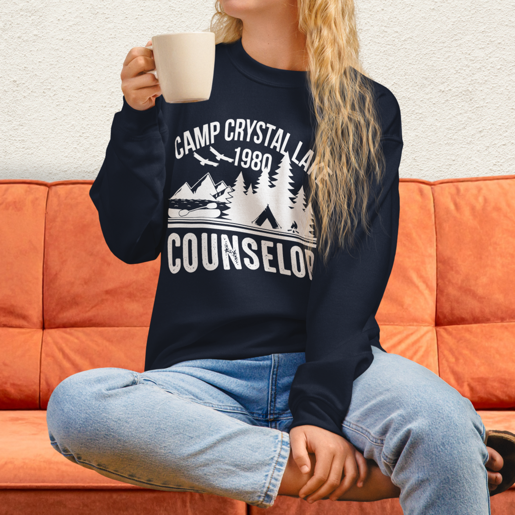 Camp Slasher Counselor Sweatshirt | Gildan Unisex Horror Crewneck (White Ink)