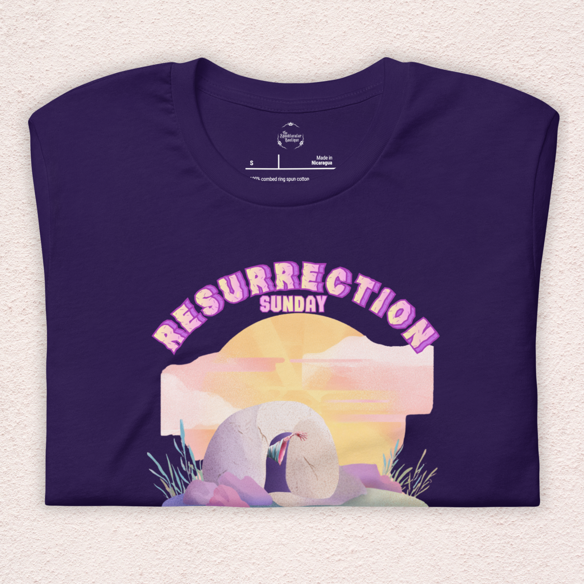 Resurrection Sunday Zombie Hand Tee | Funny Christian Easter Shirt | Tomb & Rolling Stone Graphic | Spooky Faith Bella+Canvas Unisex T-Shirt