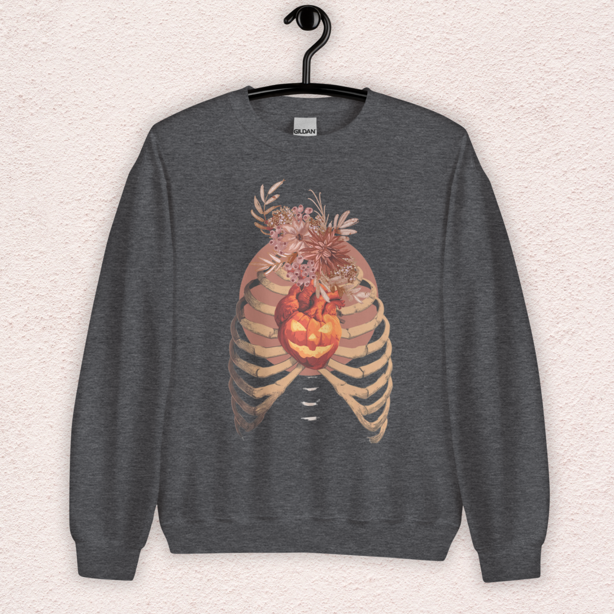 A Fall’s Heart Sweatshirt | Skeleton Pumpkin Autumn Graphic | Gildan Spooky Fall Crewneck