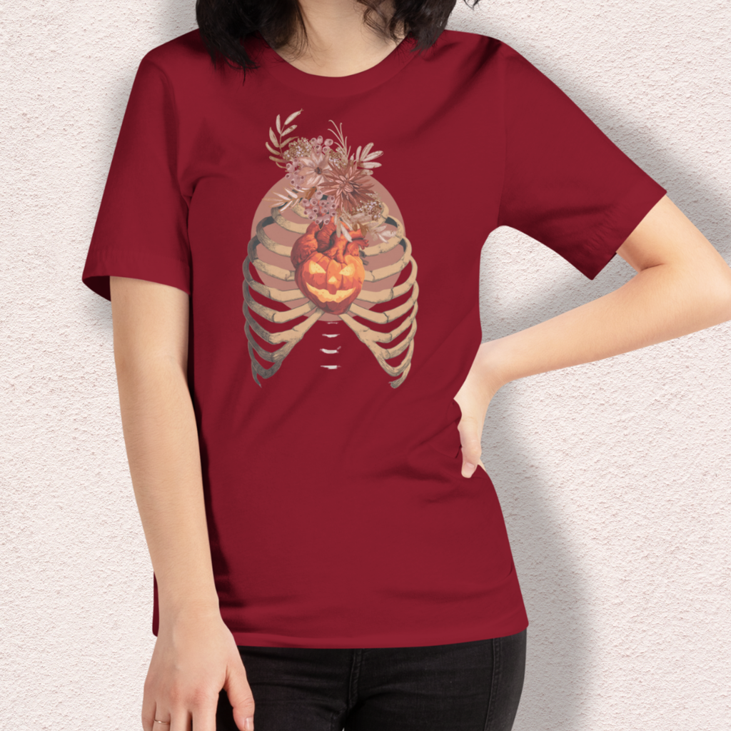 A Fall’s Heart Tee | Skeleton Pumpkin Halloween Shirt | Bella+Canvas Spooky Autumn Graphic Tee