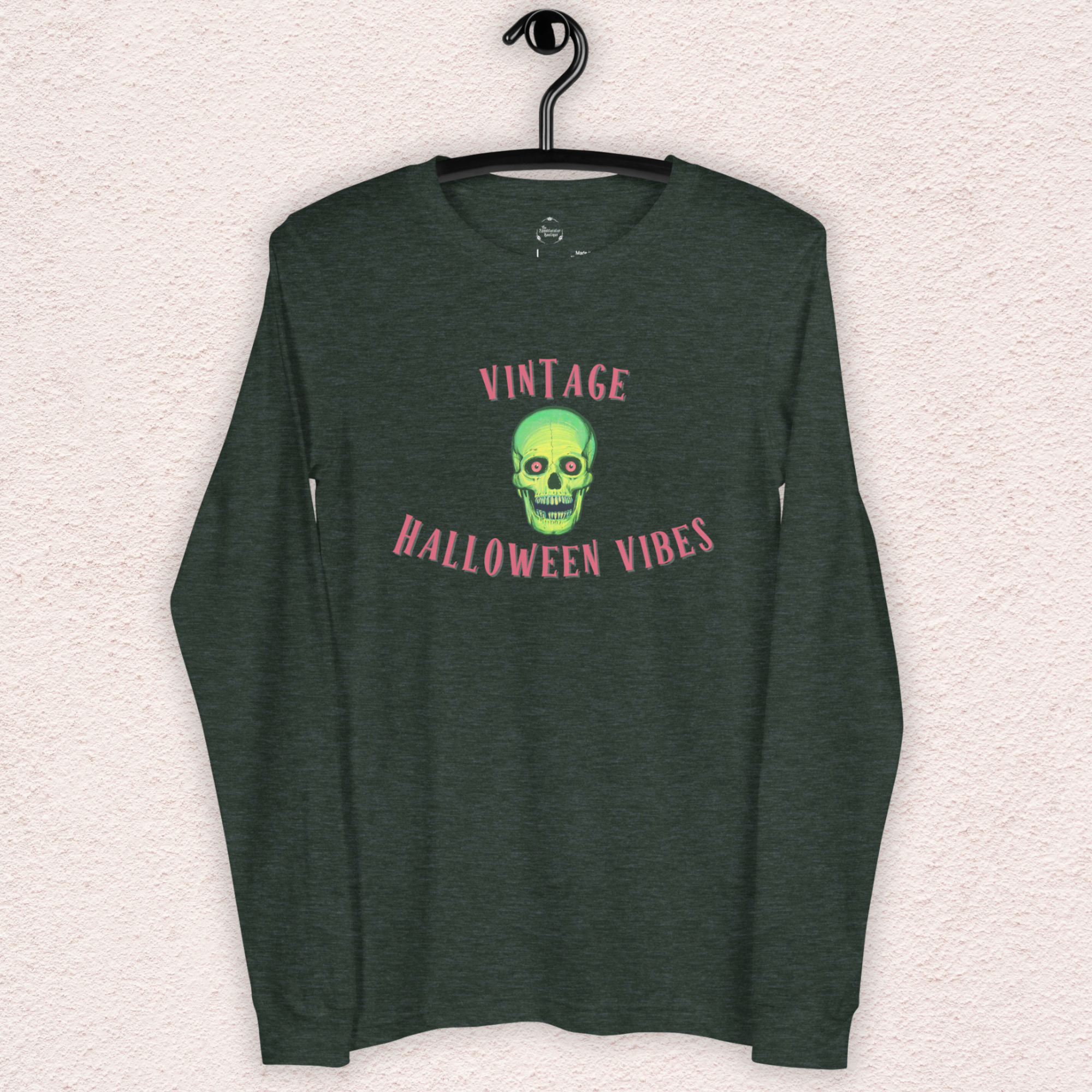 Vintage Halloween Vibes Long Sleeve Tee | Bella+Canvas Unisex Retro Green Skull Shirt | Colorful Graphic