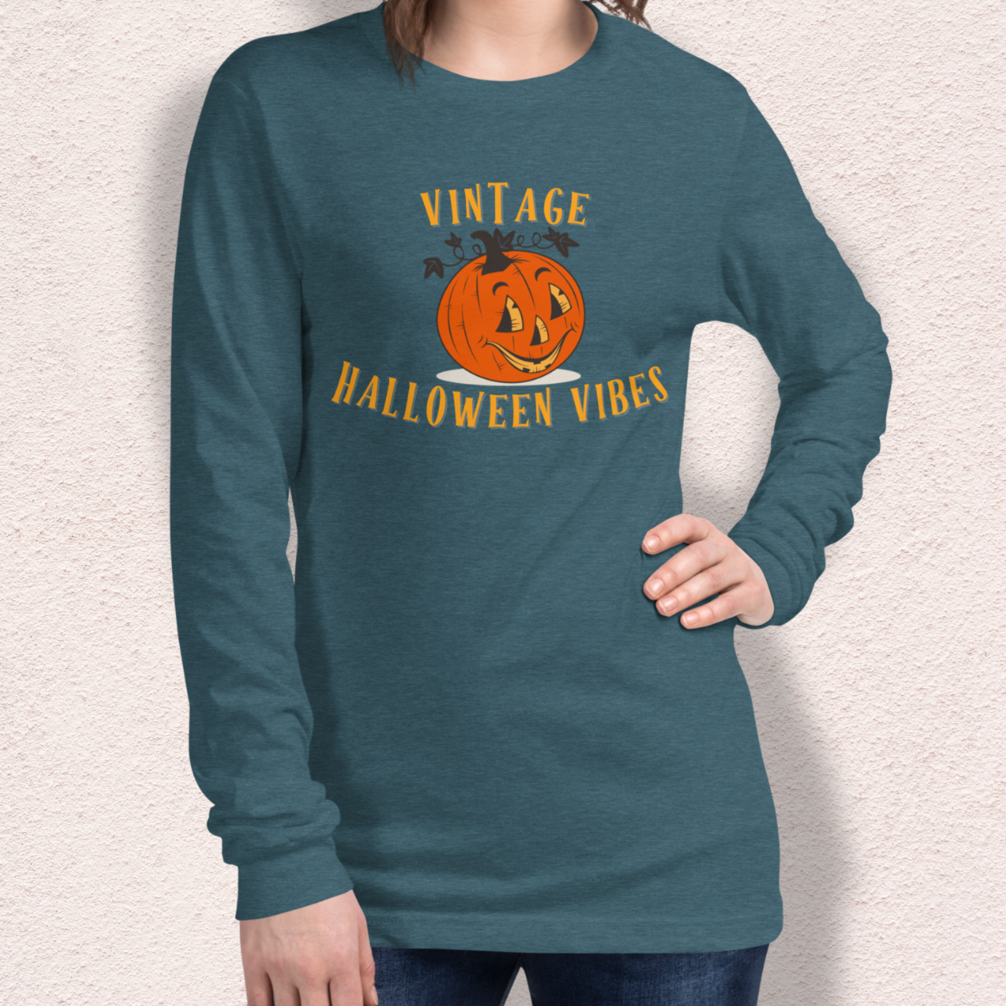 Vintage Halloween Vibes Long Sleeve Tee | Bella+Canvas Unisex Retro Jack-O-Lantern Shirt | Colorful Graphic