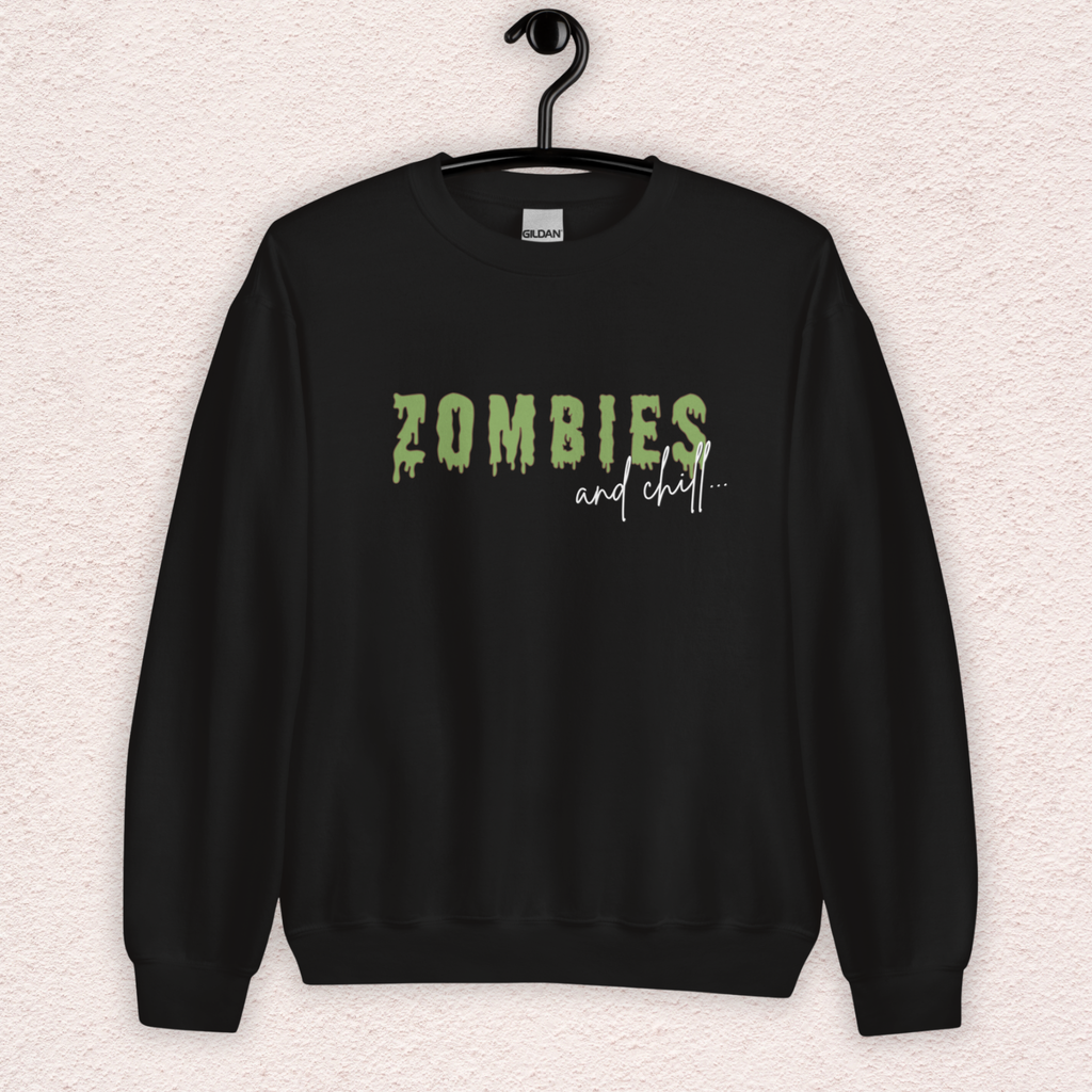 Zombies & Chill Sweatshirt | Horror Movie Crewneck | Gildan Heavy Blend Spooky Zombie Sweatshirt