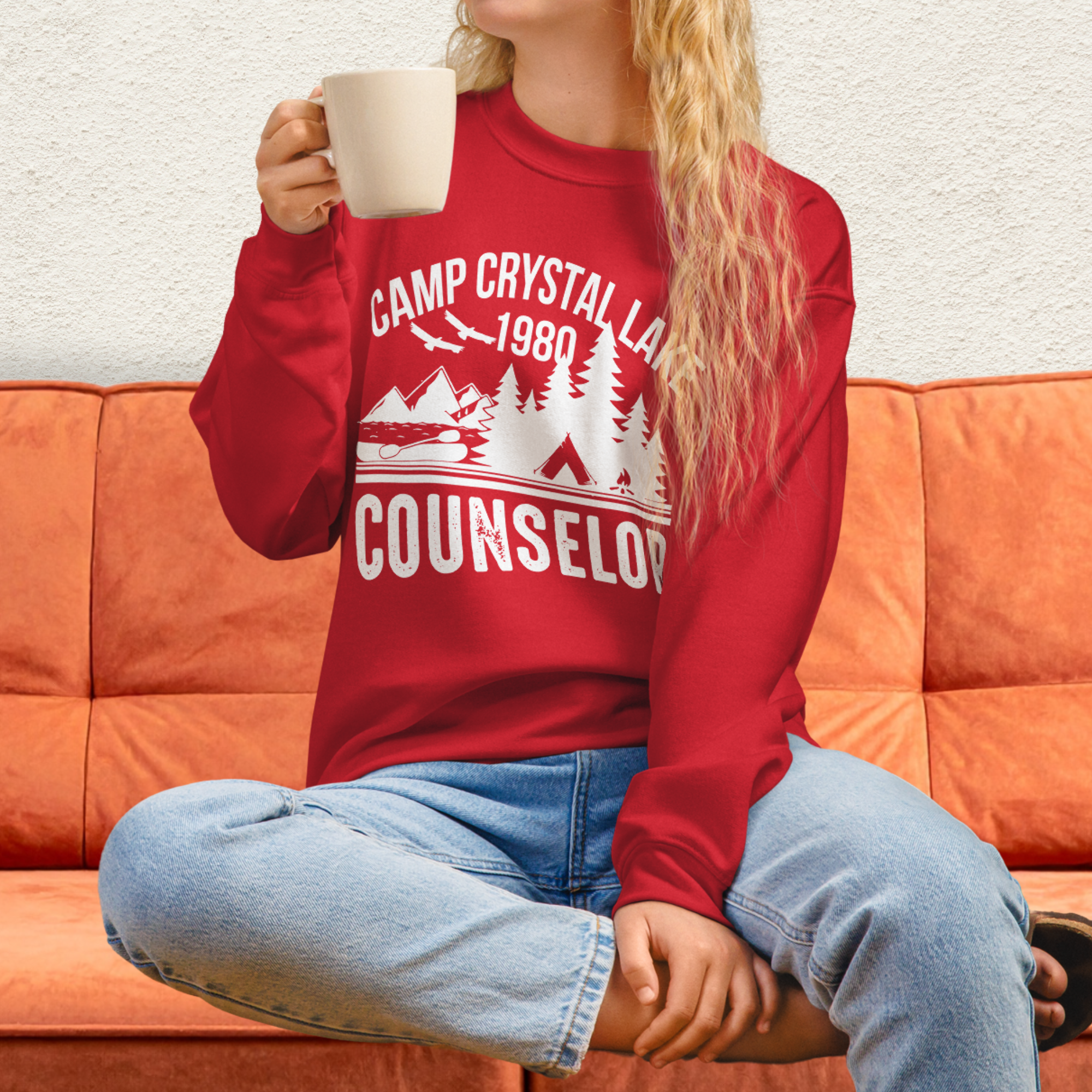 Camp Slasher Counselor Sweatshirt | Gildan Unisex Horror Crewneck (White Ink)