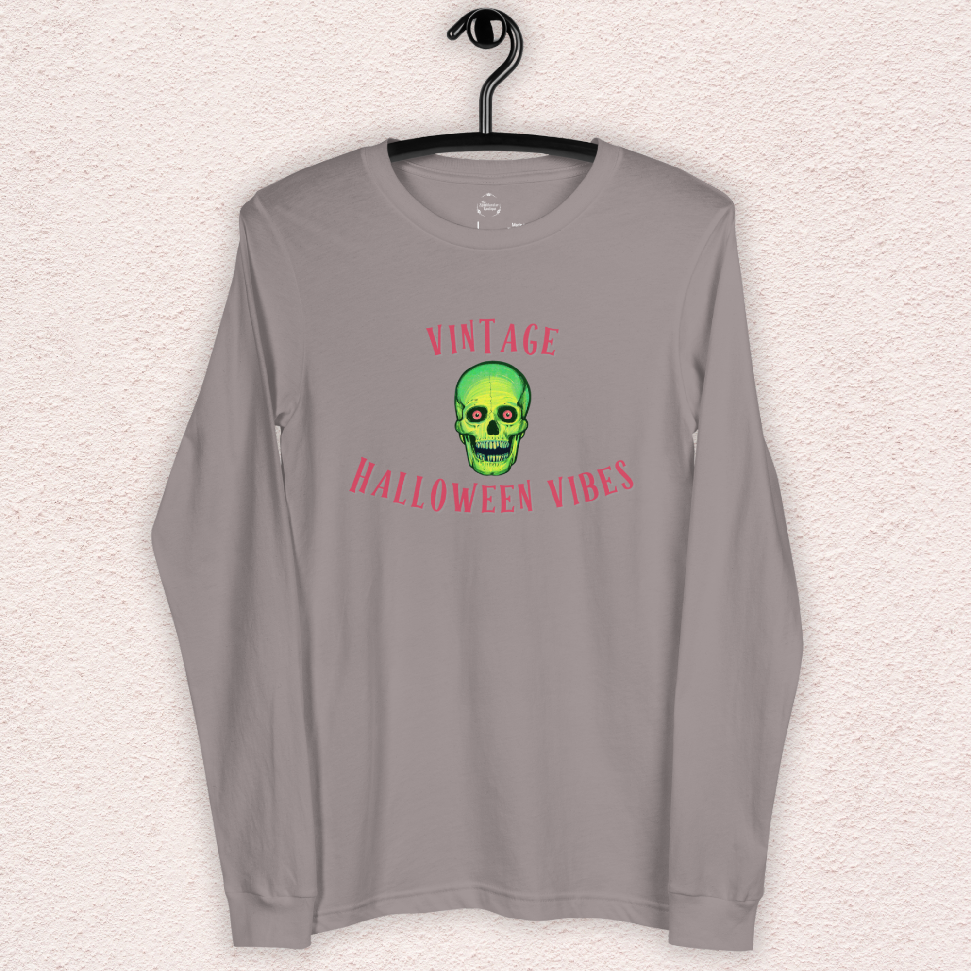 Vintage Halloween Vibes Long Sleeve Tee | Bella+Canvas Unisex Retro Green Skull Shirt | Colorful Graphic