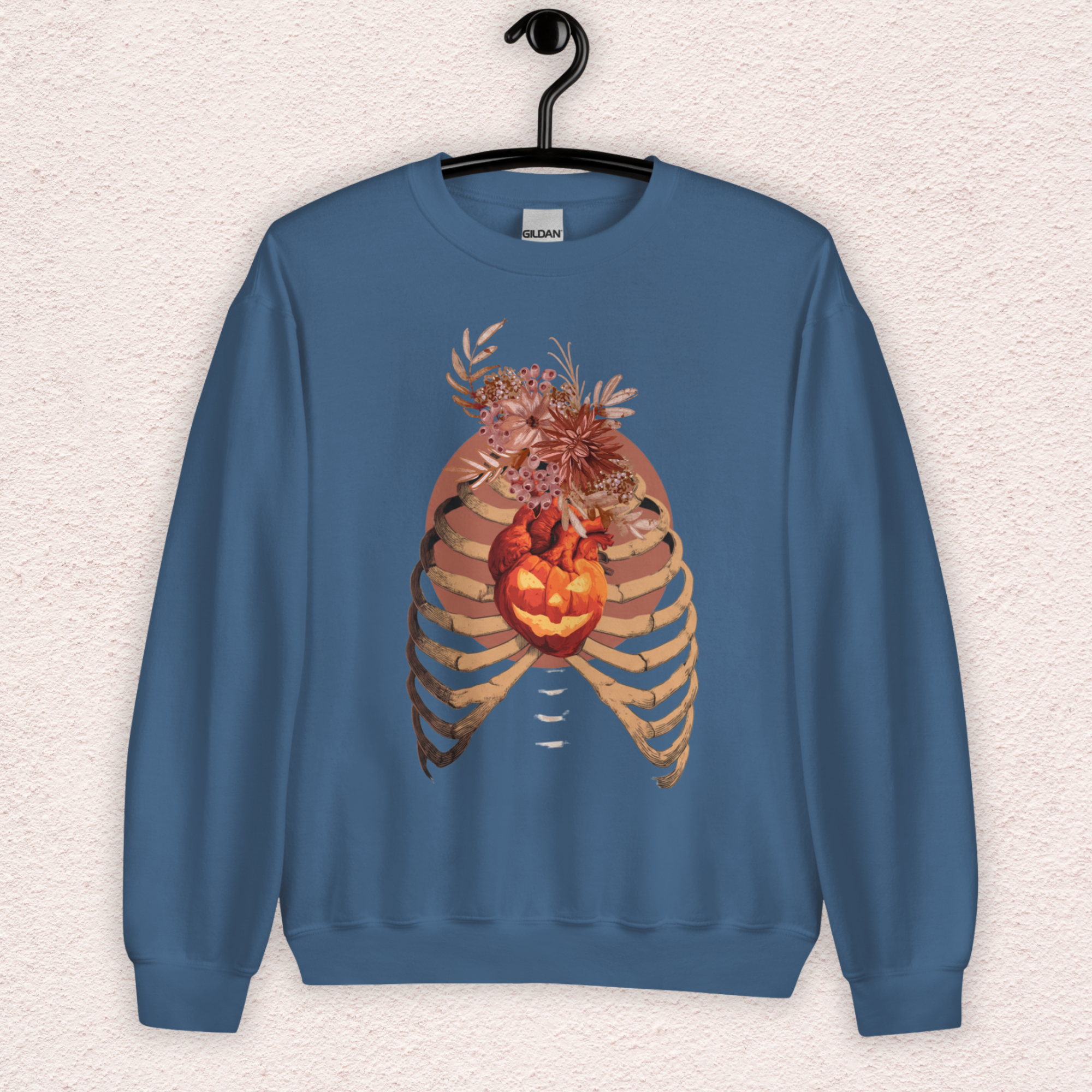 A Fall’s Heart Sweatshirt | Skeleton Pumpkin Autumn Graphic | Gildan Spooky Fall Crewneck
