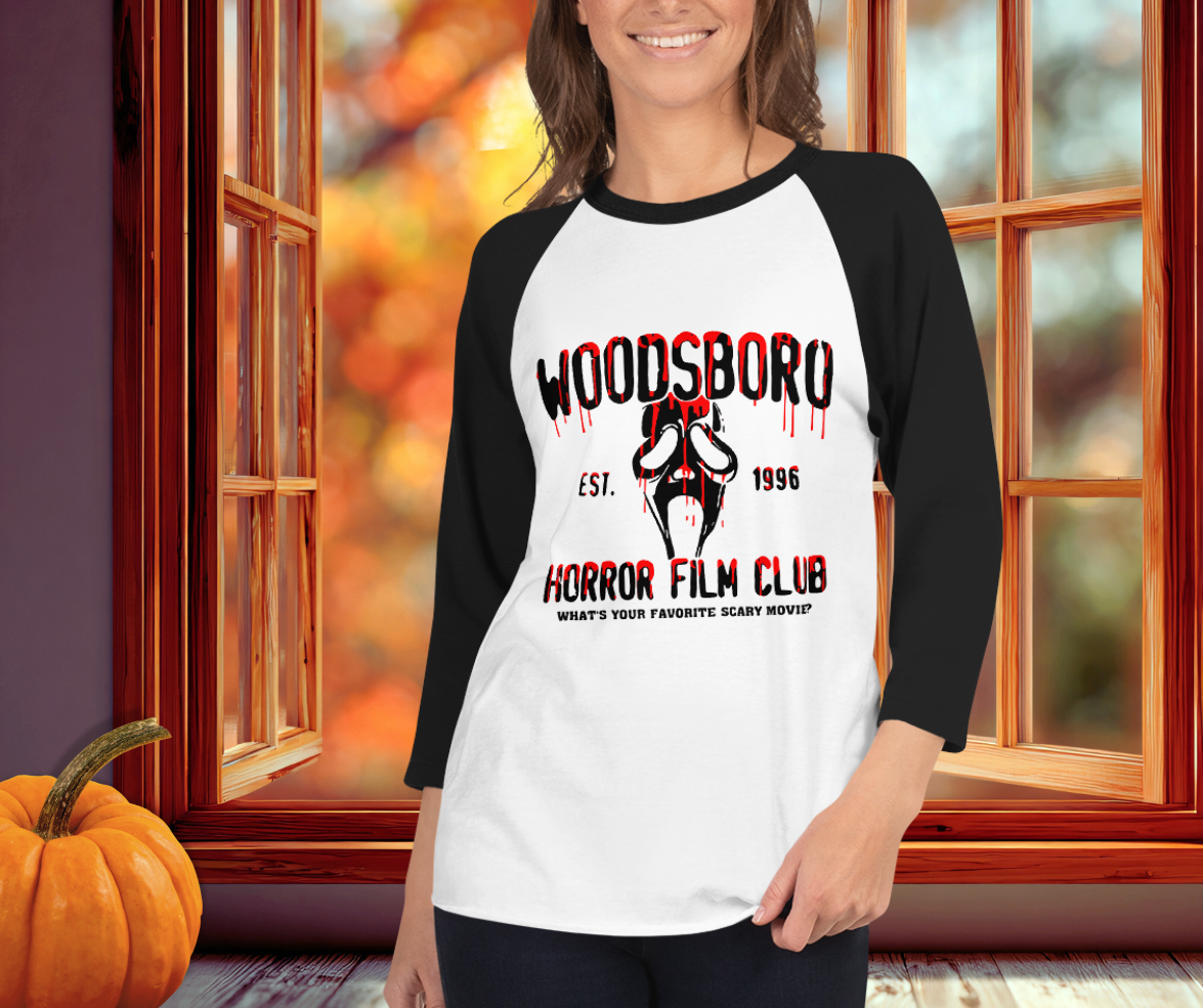 Woodsboro Horror Film Club Raglan Tee | Unisex 3/4 Sleeve Slasher Shirt