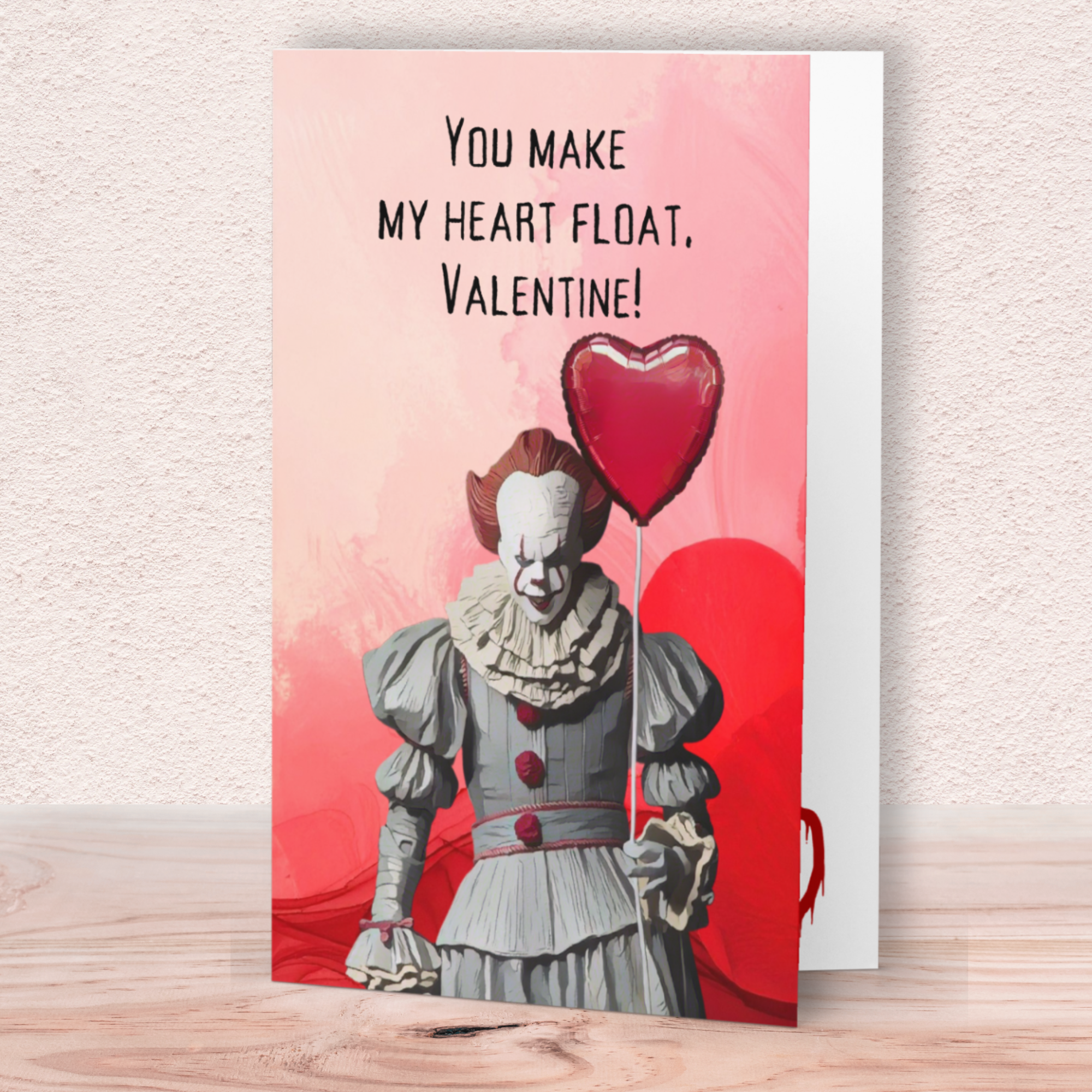 Funny Horror Valentine Card – “You Make My Heart Float” Creepy Clown Balloon Card