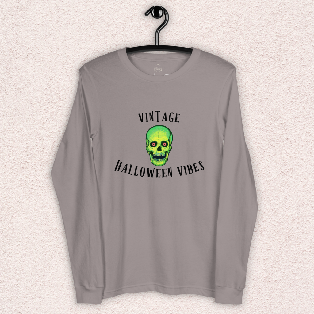 Vintage Halloween Vibes Long Sleeve Tee | Bella+Canvas Retro Green Skull Shirt