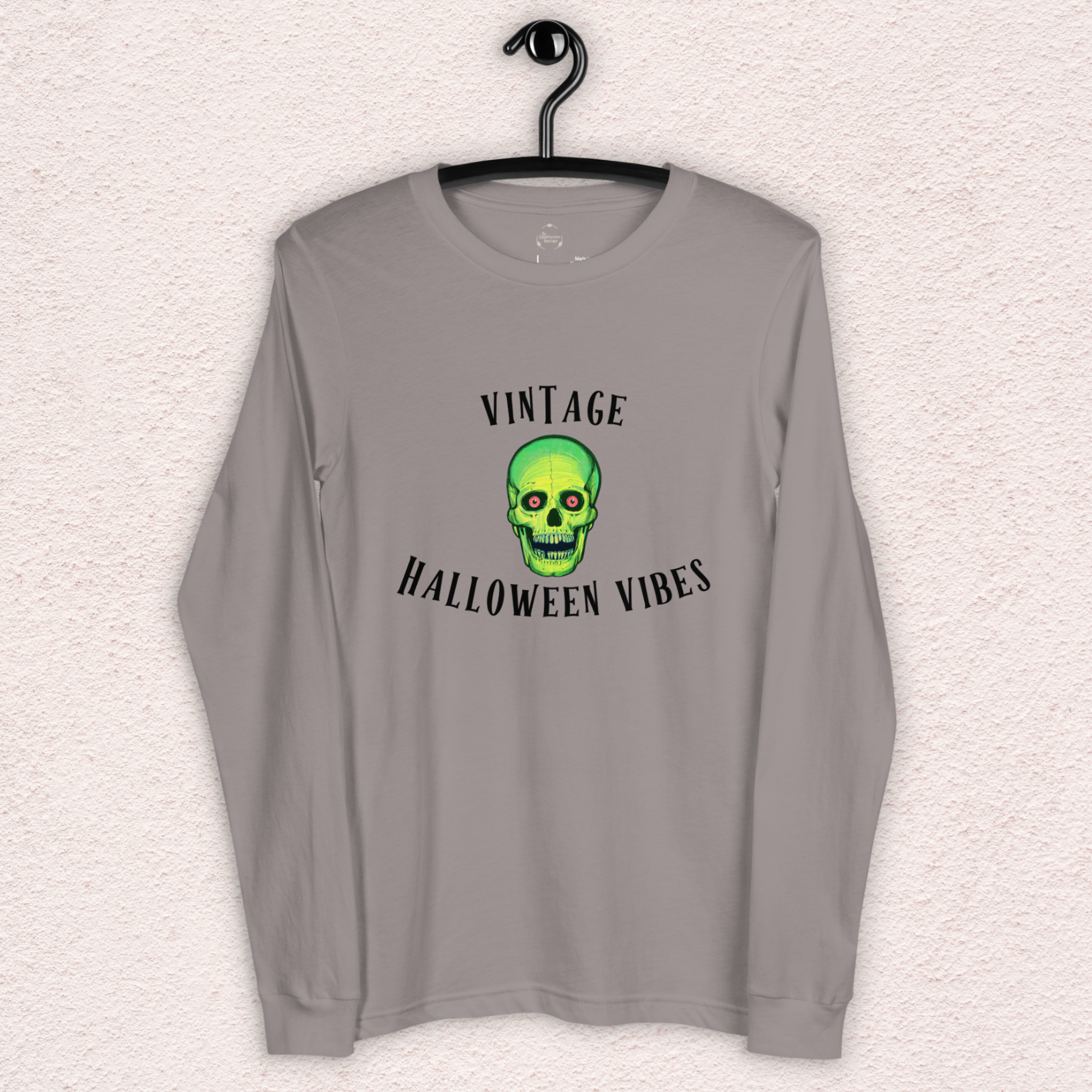 Vintage Halloween Vibes Long Sleeve Tee | Bella+Canvas Retro Green Skull Shirt