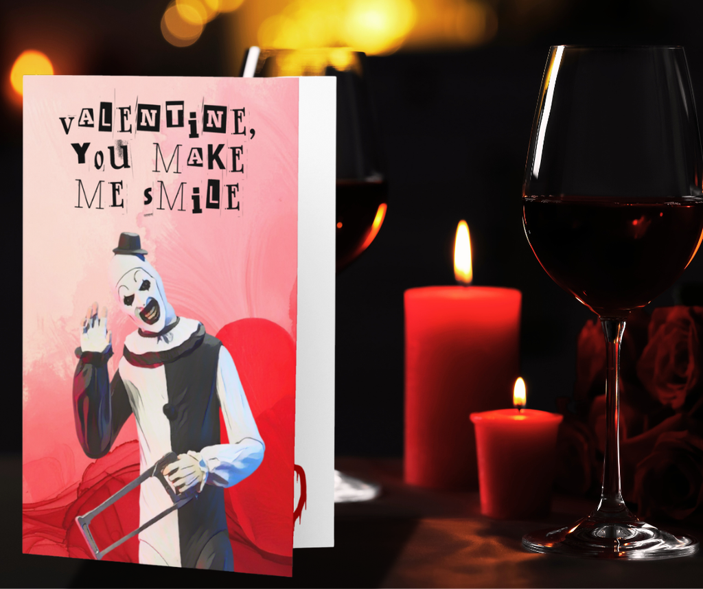 Funny Horror Valentine Card – “You Make Me Smile” Creepy Clown Hacksaw Card