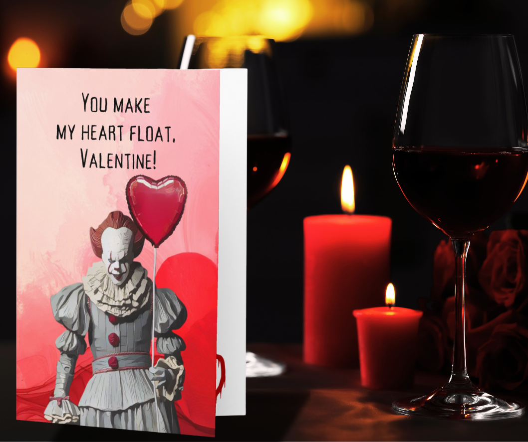 Funny Horror Valentine Card – “You Make My Heart Float” Creepy Clown Balloon Card