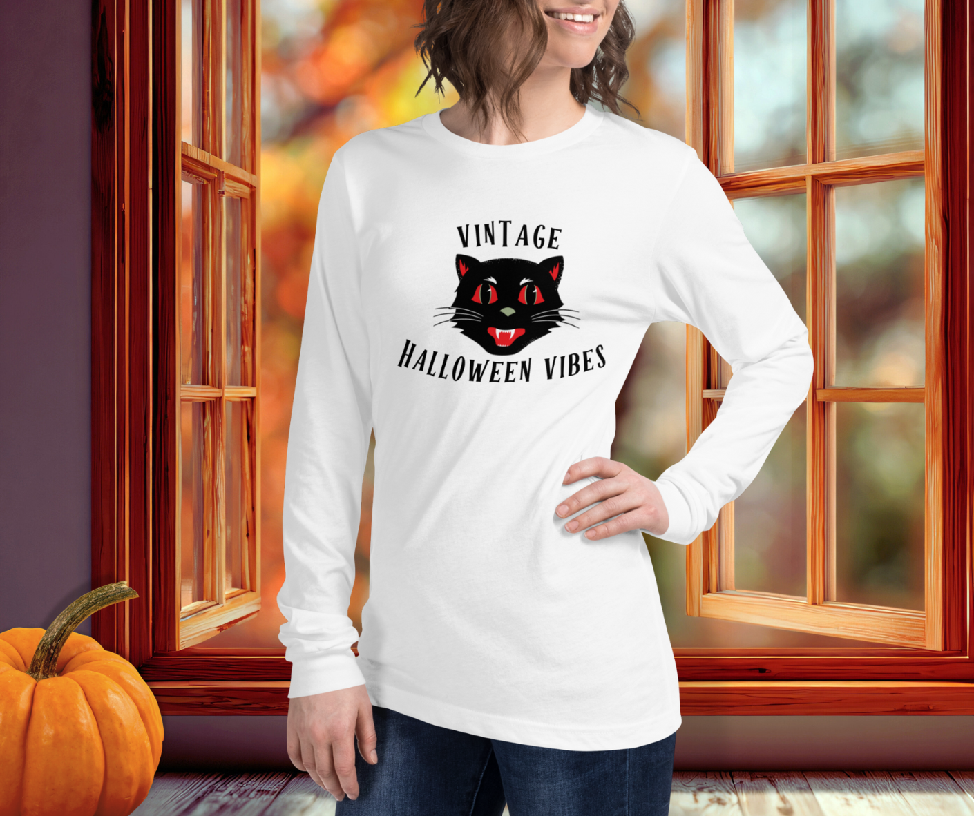 Vintage Halloween Vibes Long Sleeve Tee | Bella+Canvas Unisex Retro Cat Shirt